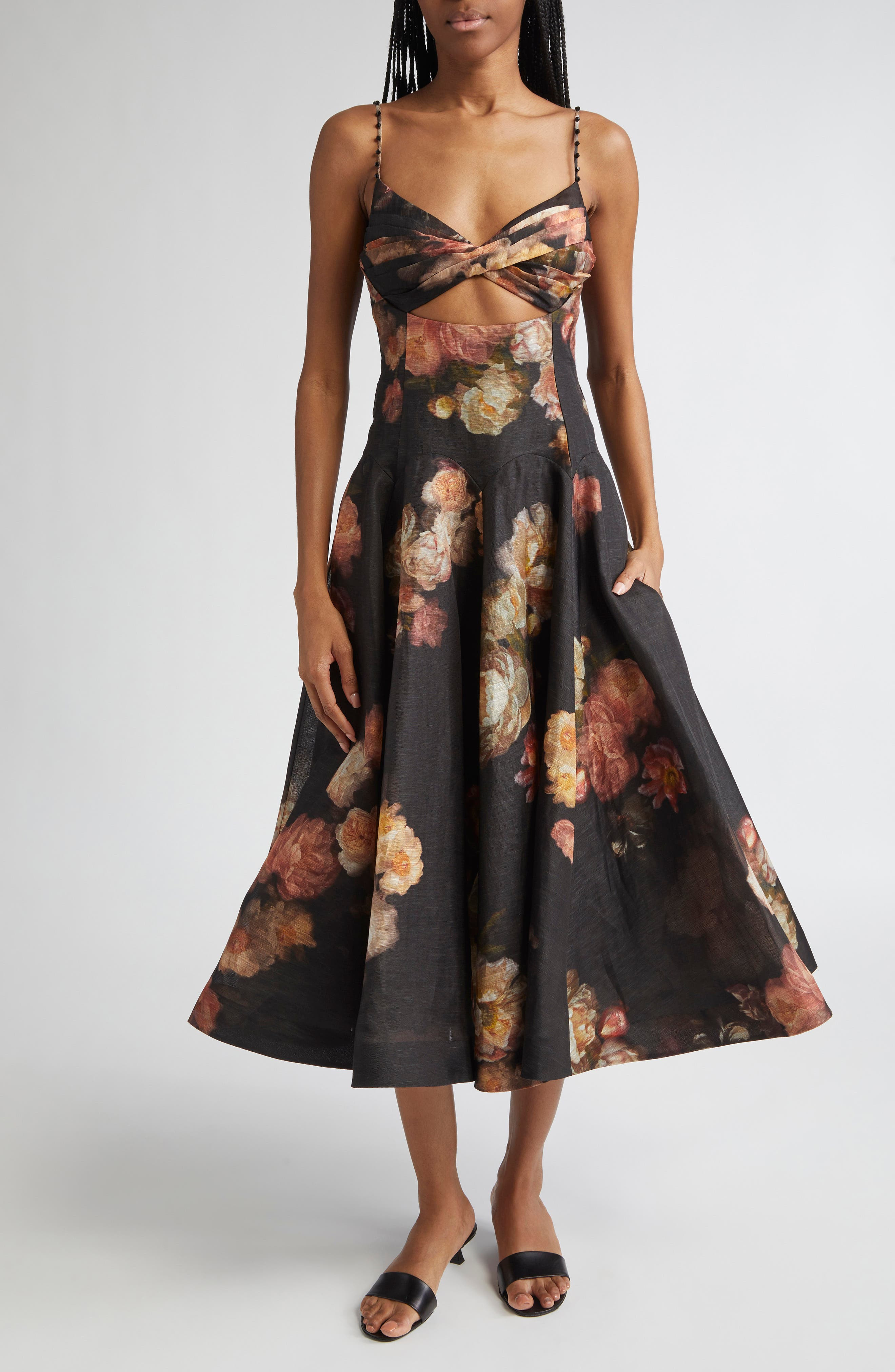 Zimmermann Hypnotic Floral Twist Front Cutout Organza Midi Dress in Russet Floral at Nordstrom - 1