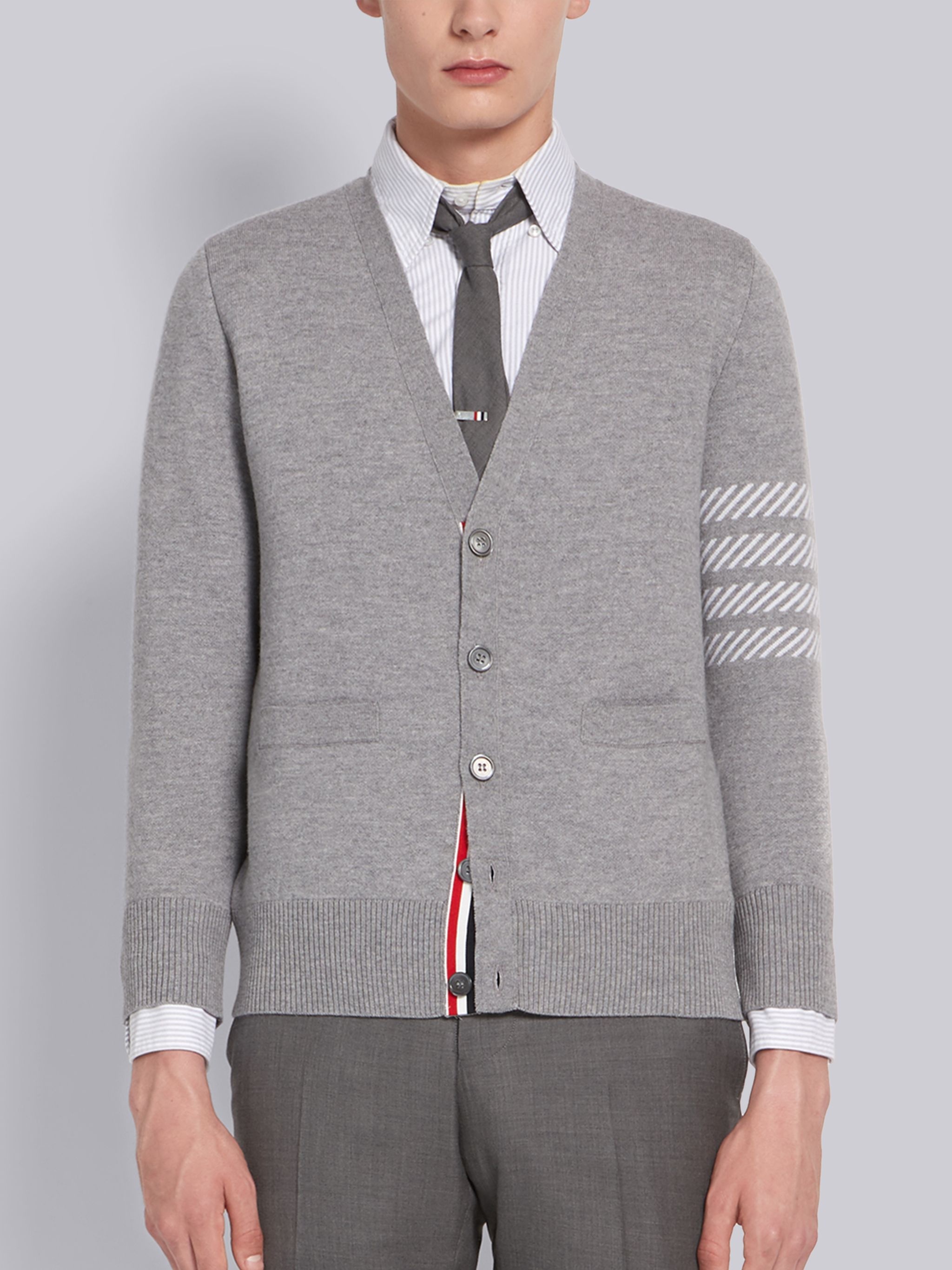 Light Grey Fine Merino Dolphin Icon V-neck 4-bar Cardigan - 1