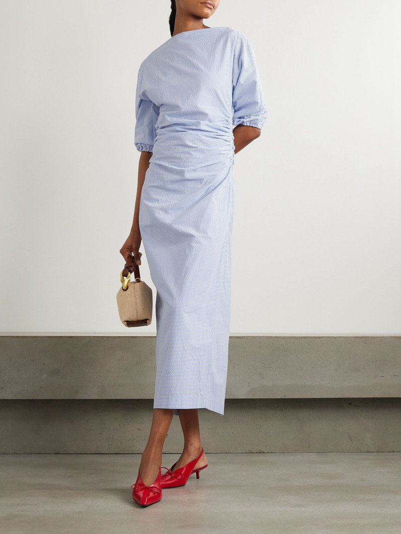 BERNADETTE Ezra ruched striped cotton-seersucker midi dress Blue outlook