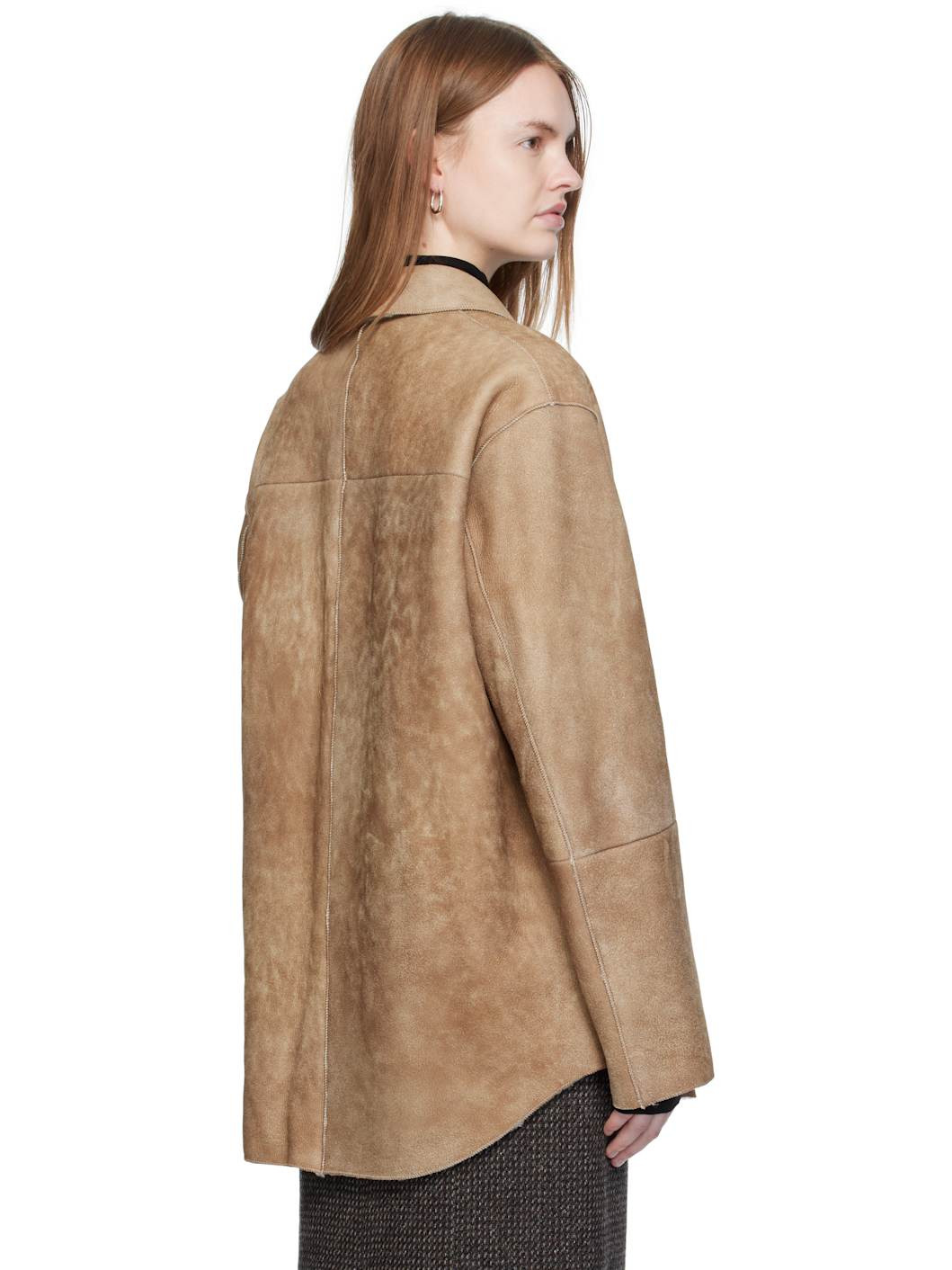 Beige Merino Mouton Shearling Shirt Jacket - 3