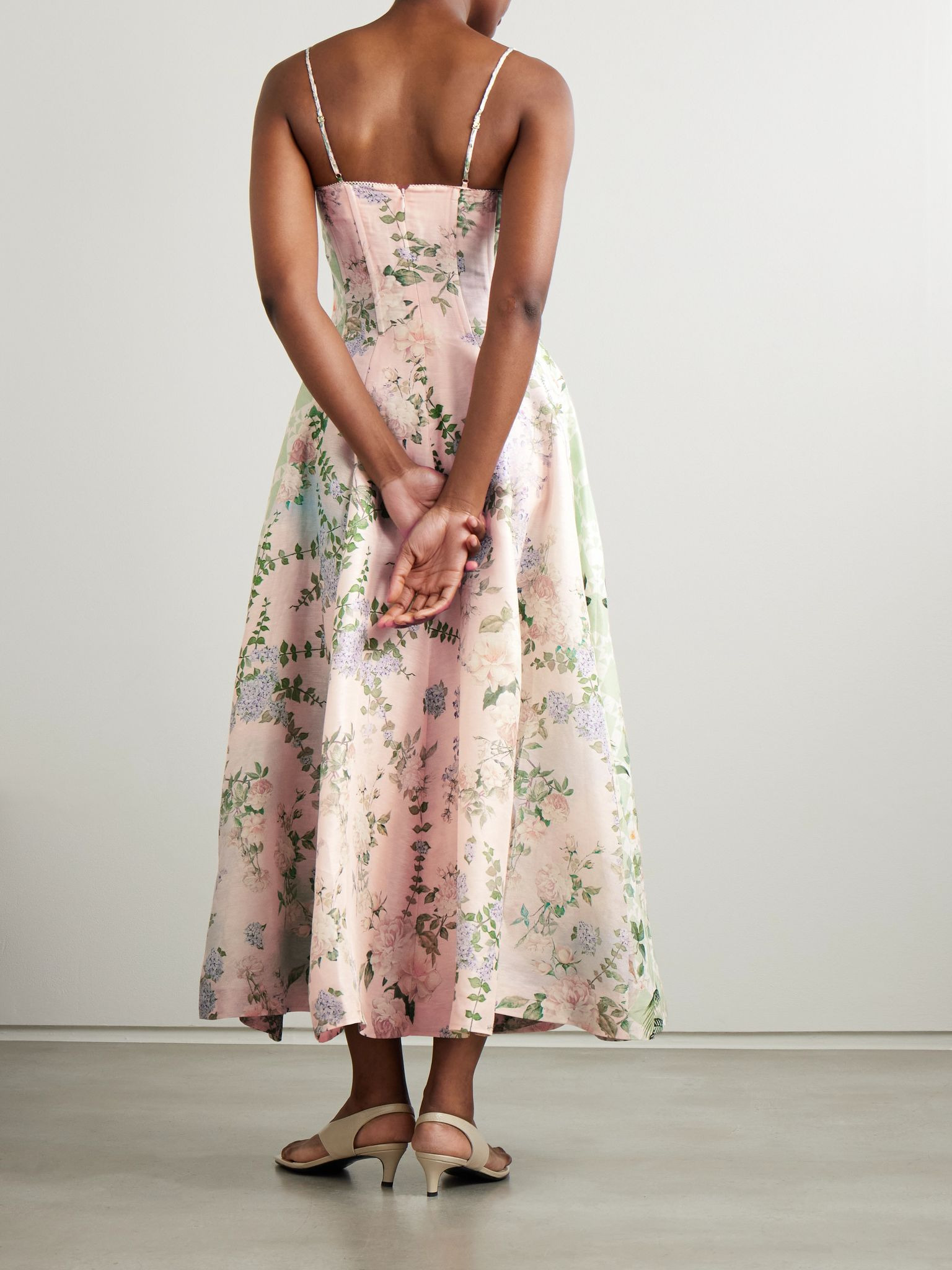 Embellished floral-print linen and silk-blend midi dress Pink - 3