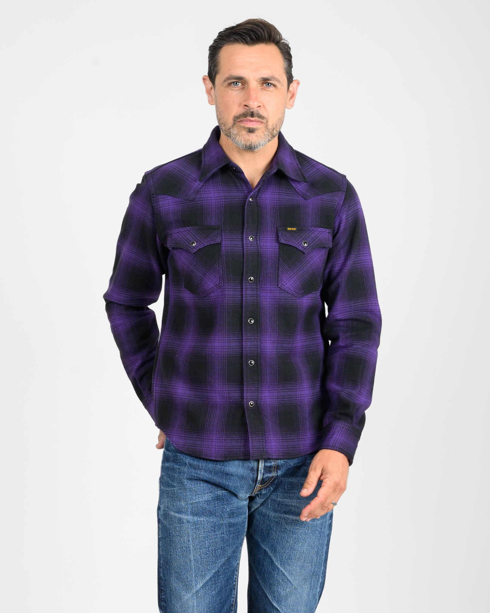 IHSH-264-PUR Ultra Heavy Flannel Ombré Check Western Shirt - Purple/Black - 2