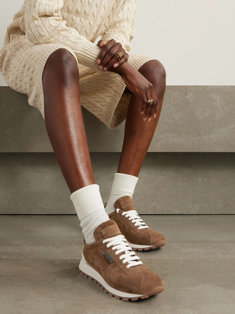 Brunello Cucinelli Bead-embellished suede sneakers Brown outlook