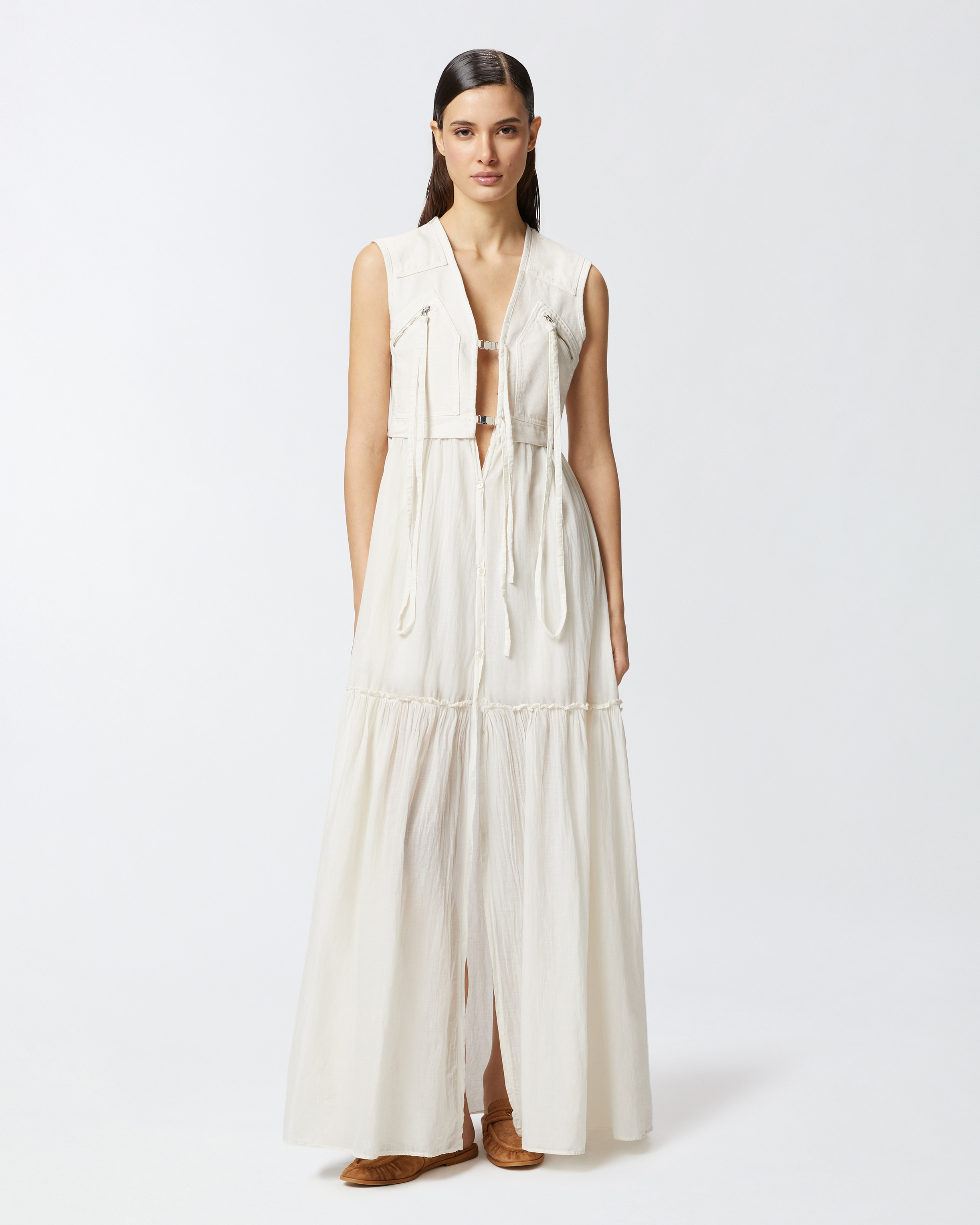 LONG COTTON DRESS WITH SLEEVELESS UTILITY VEST - 3