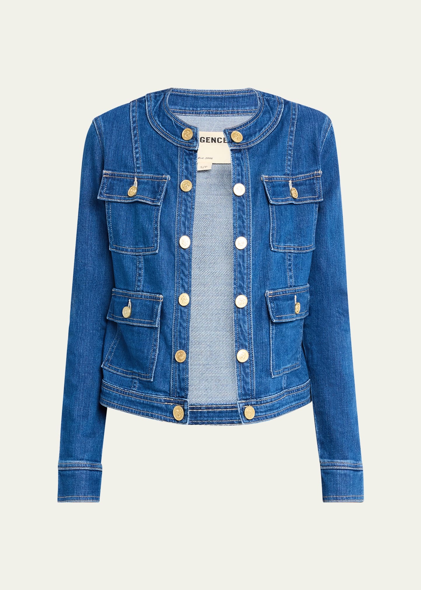 ジャケット・アウター gold button collarless denim jacket L'AGENCE Yari Faded Collarless Denim Jacket