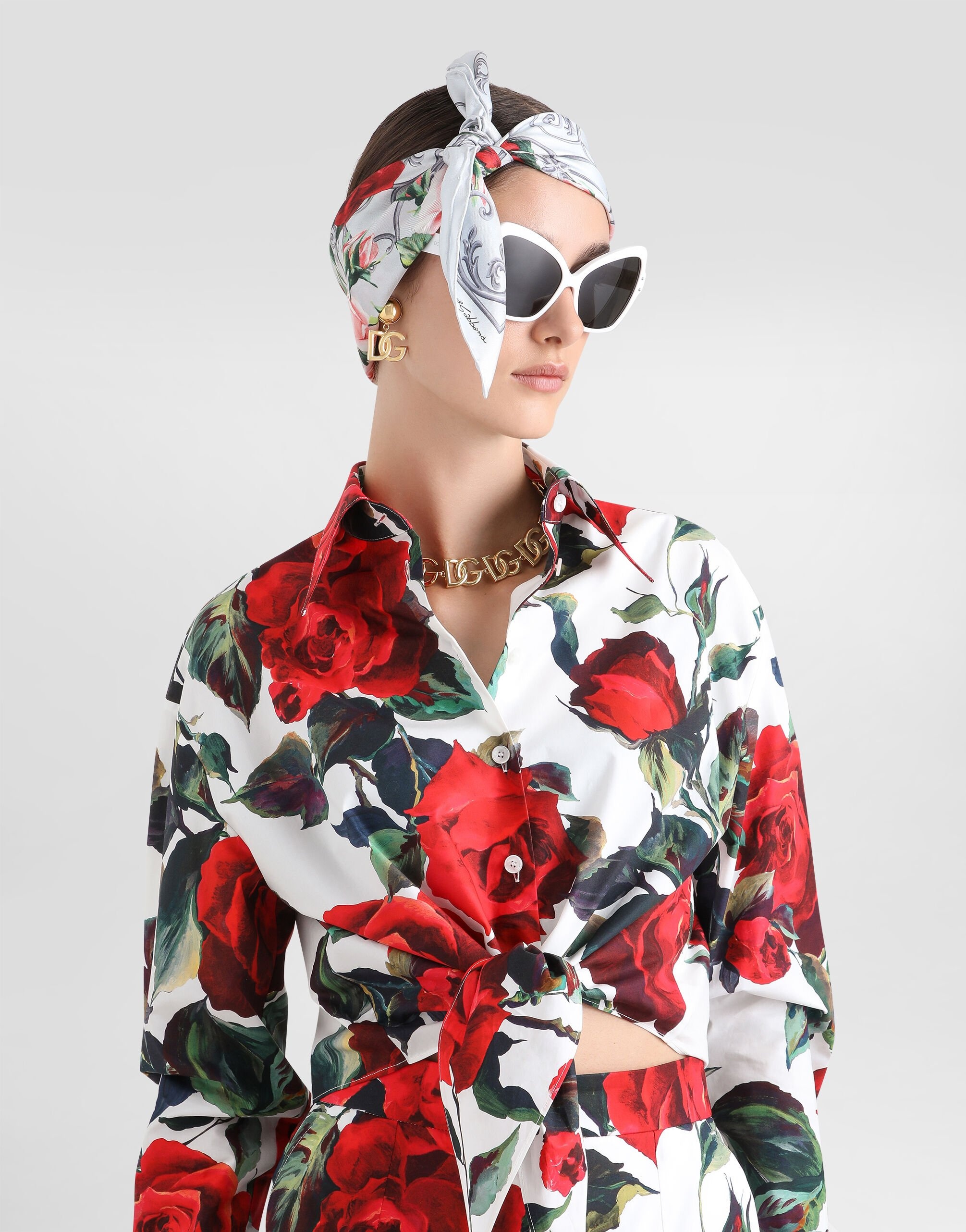 Cropped cotton pussy-bow shirt with rose print - 4