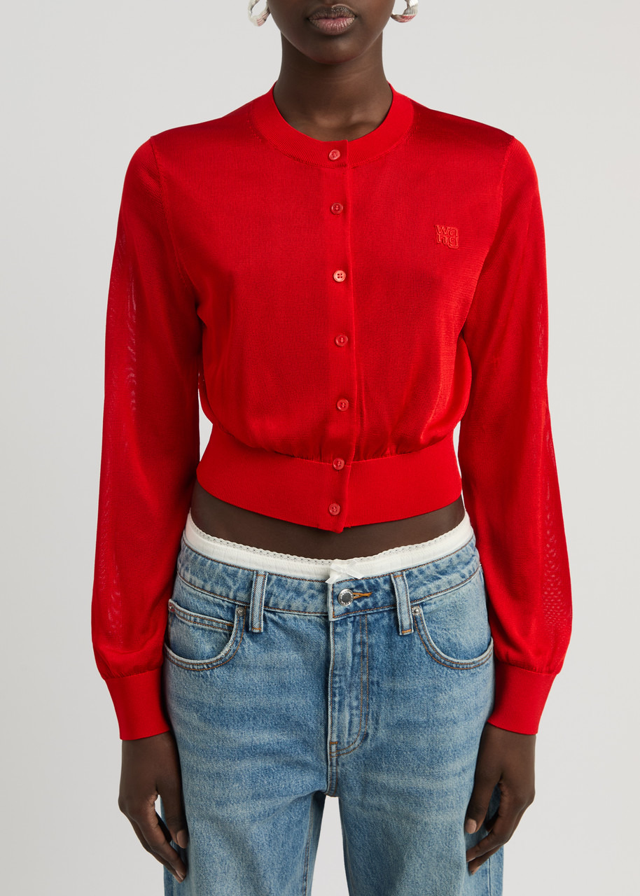 Alexanderwang.t Logo-embroidered Cropped Fine-knit Cardigan - 2
