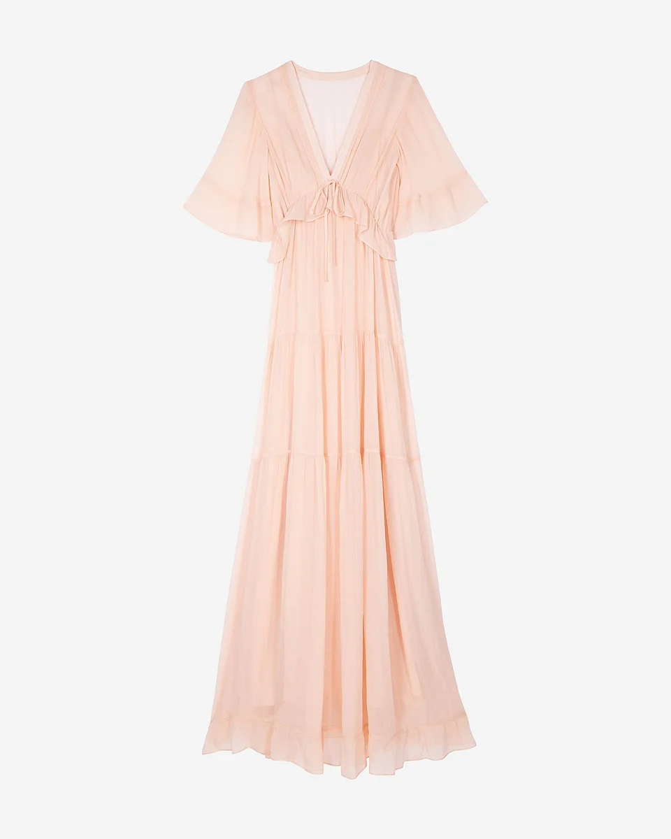 LONG RUFFLED PEACH DRESS - 1