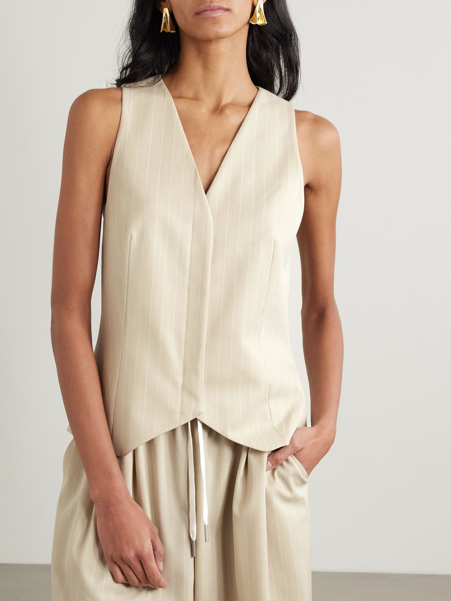 Pinstriped wool-blend twill vest Beige - 3