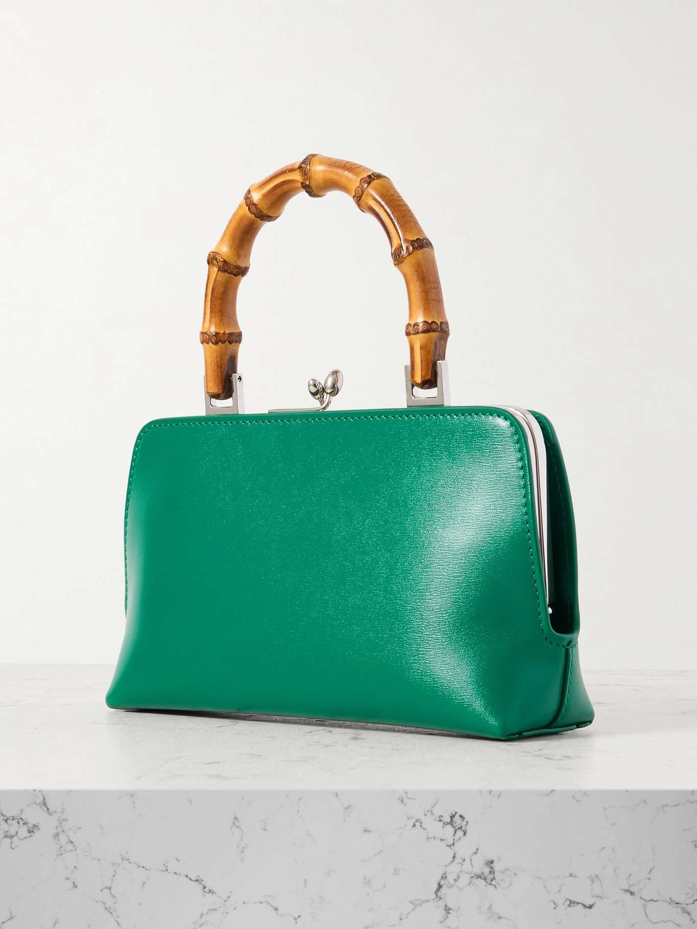 Mini bamboo and leather tote Green - 3