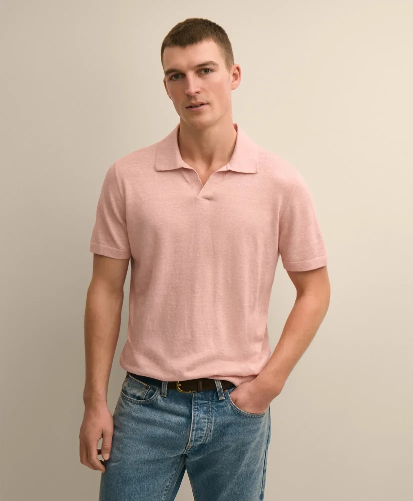 Linen-Cotton-Cashmere Short-Sleeve Mouliné Johnny Collar Sweater - 1