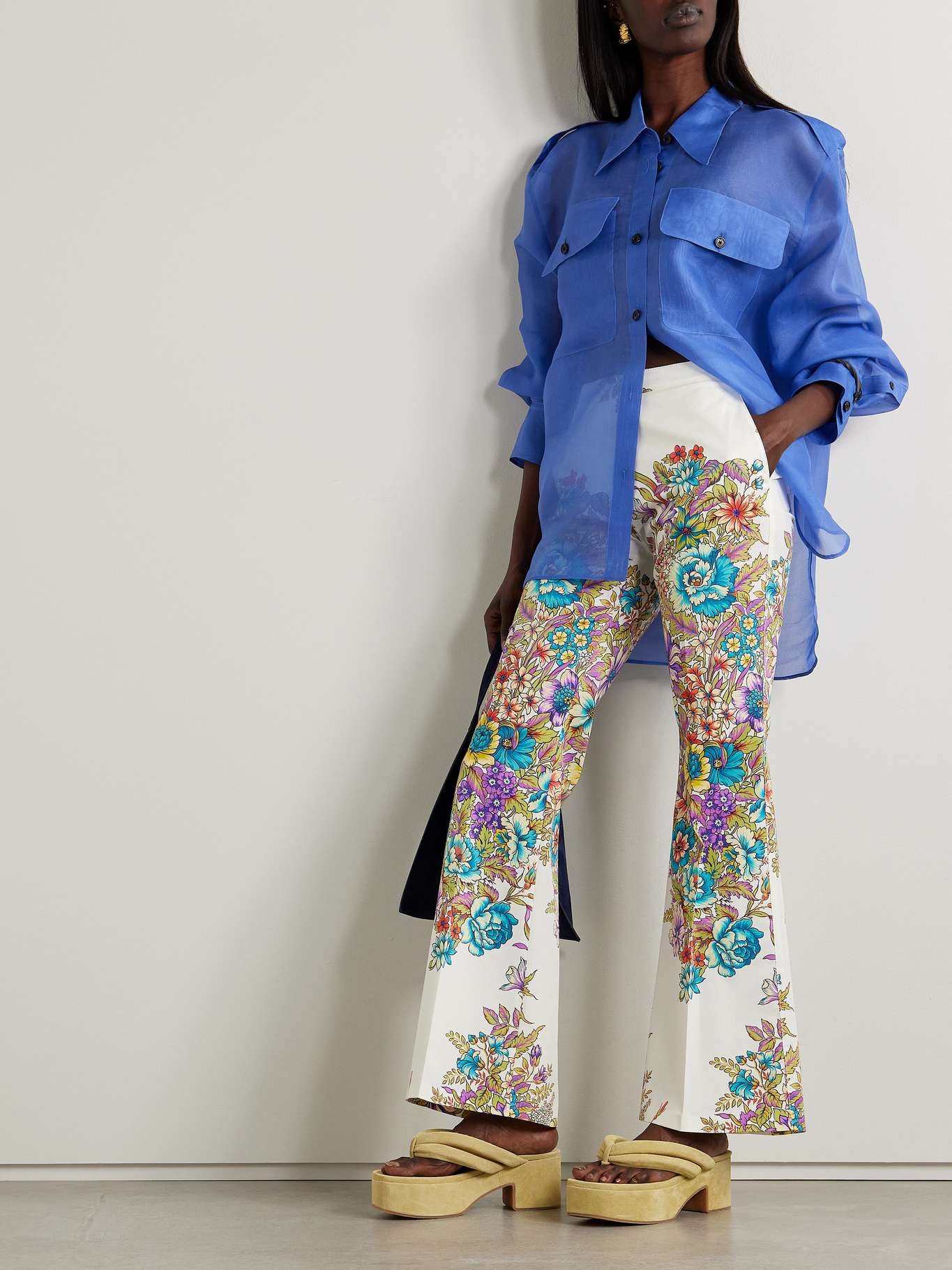 Floral-print cotton-blend crepe flared pants - 2