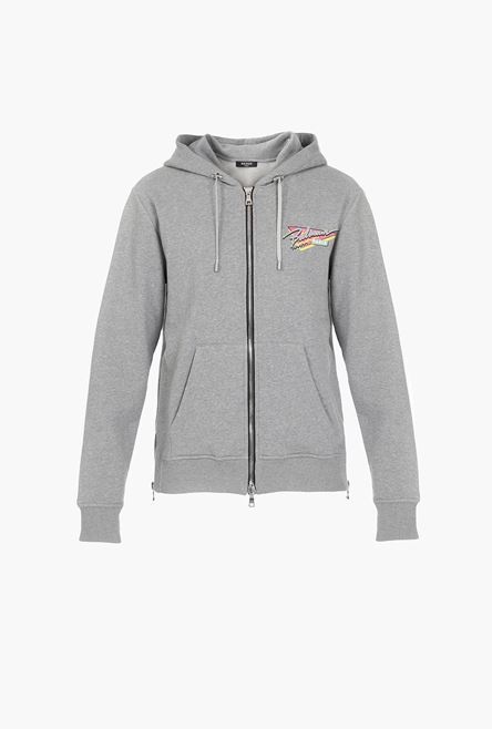 Gray cotton sweatshirt with small multicolor Balmain Paris logo - 1