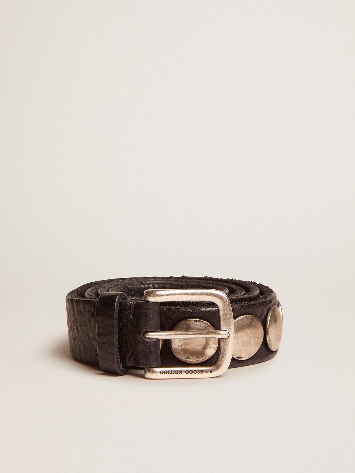 Women's black Trinidad belt in washed leather with silver studs - 1