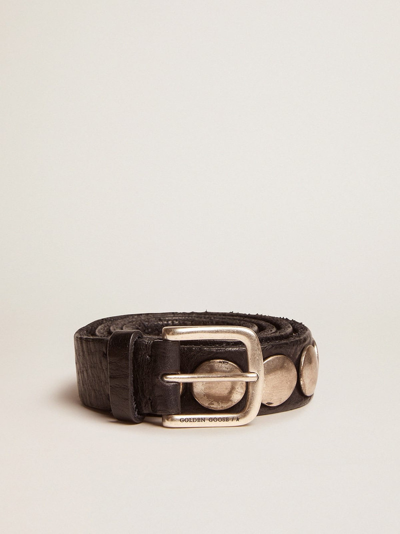 Women's black Trinidad belt in washed leather with silver studs - 1