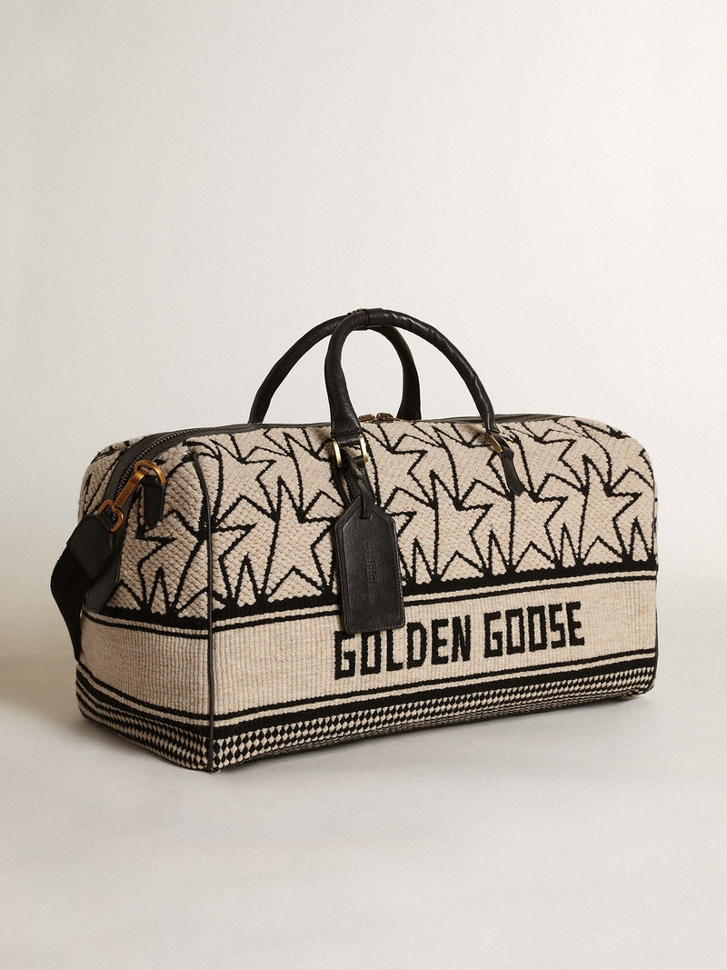 Men's duffle bag in milk-white jacquard wool and black lettering 2