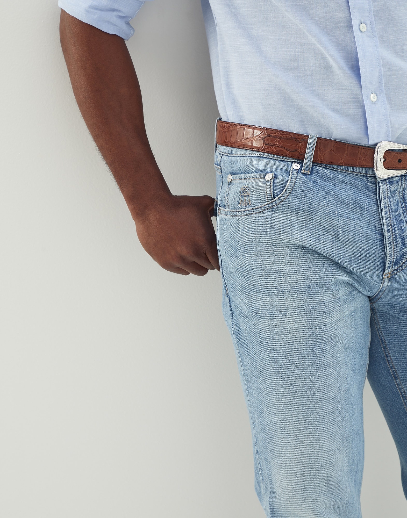 Lightweight denim traditional fit five-pocket trousers - 3