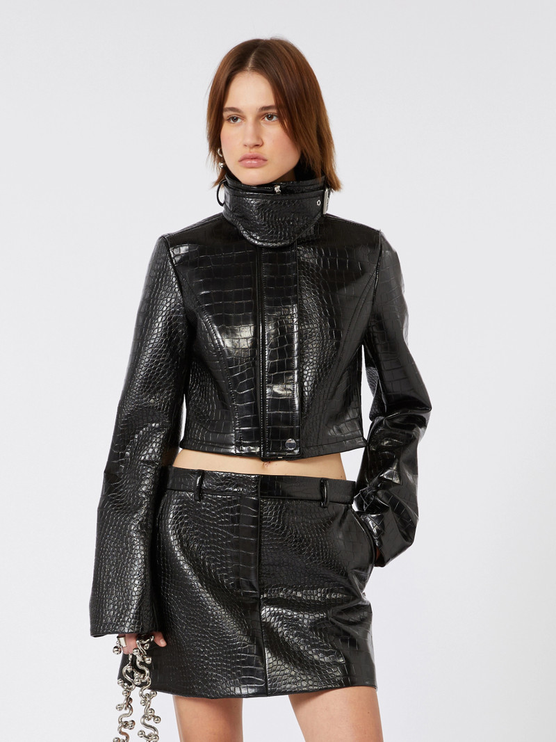 SULTANO Patent leather cropped jacket with alligator print - BLACK 5
