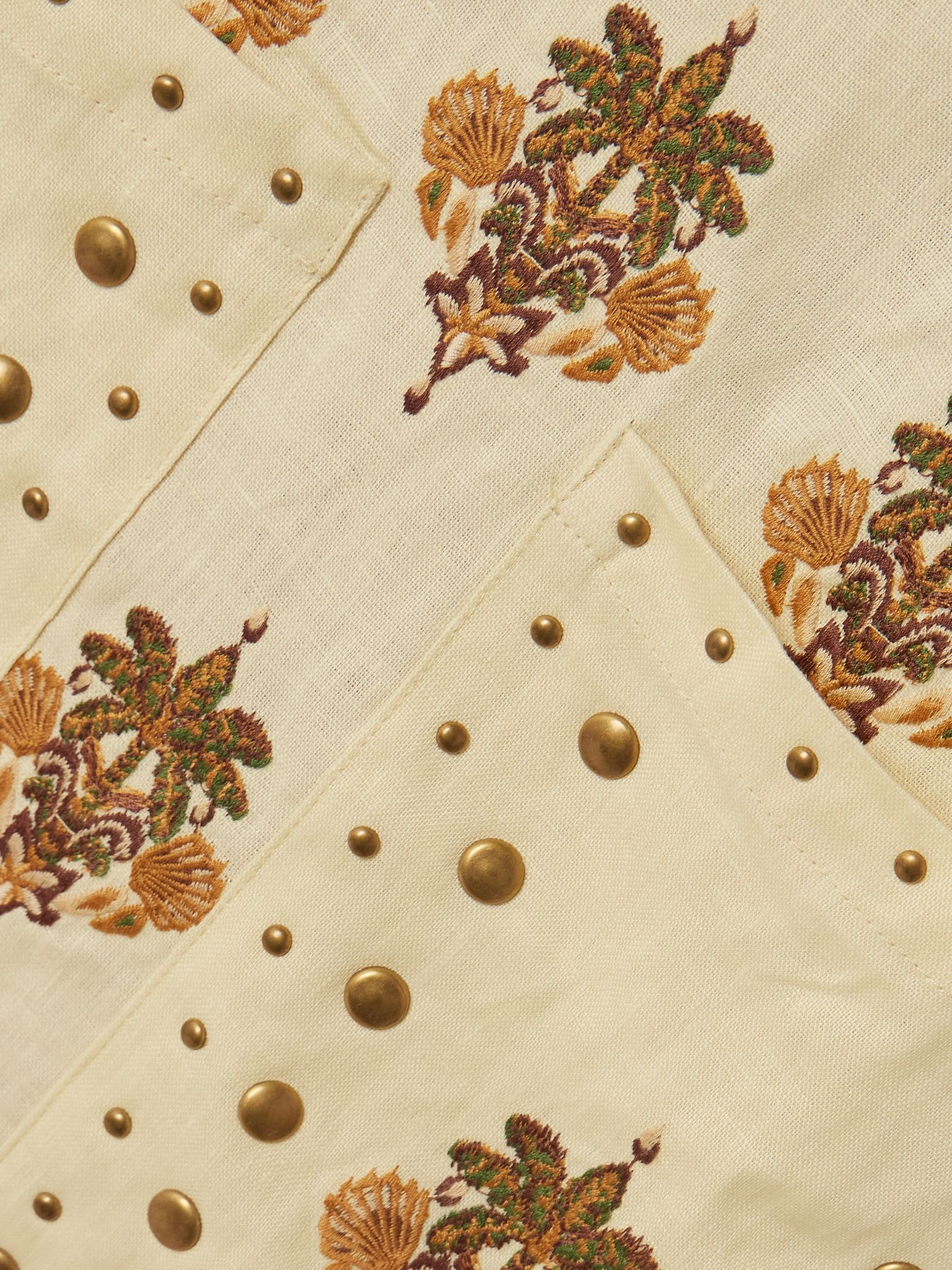 Studded embroidered linen mini dress Beige - 4