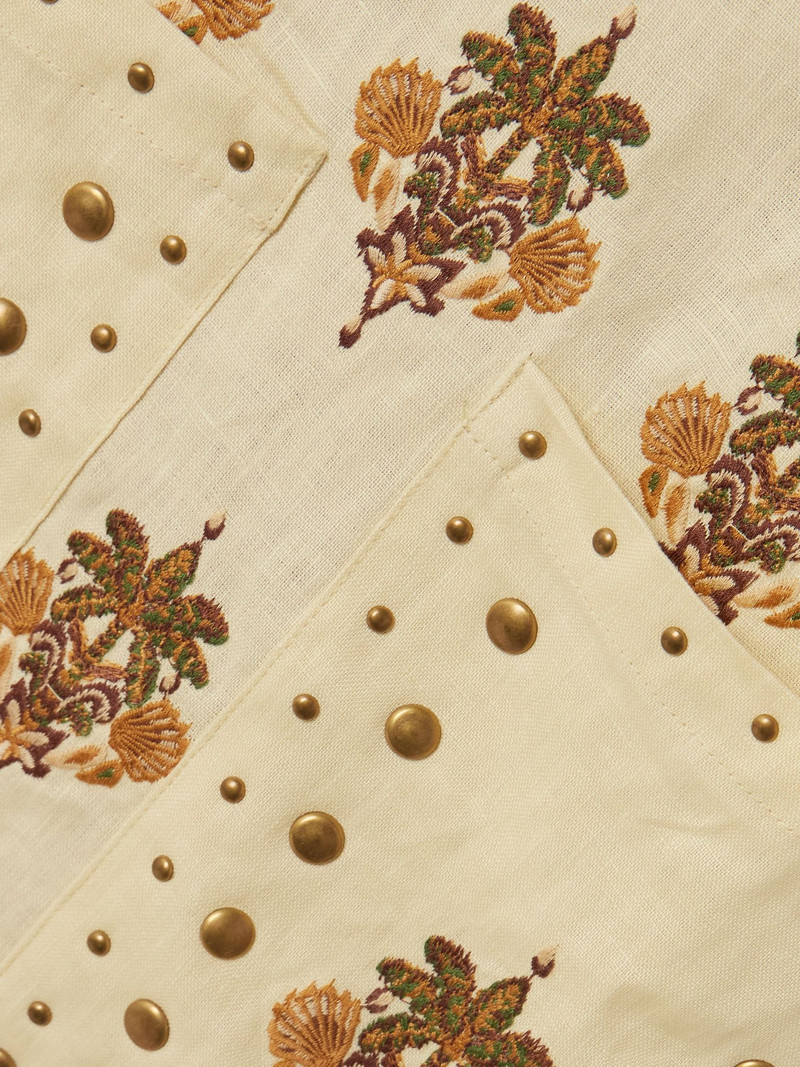 Studded embroidered linen mini dress Beige 4
