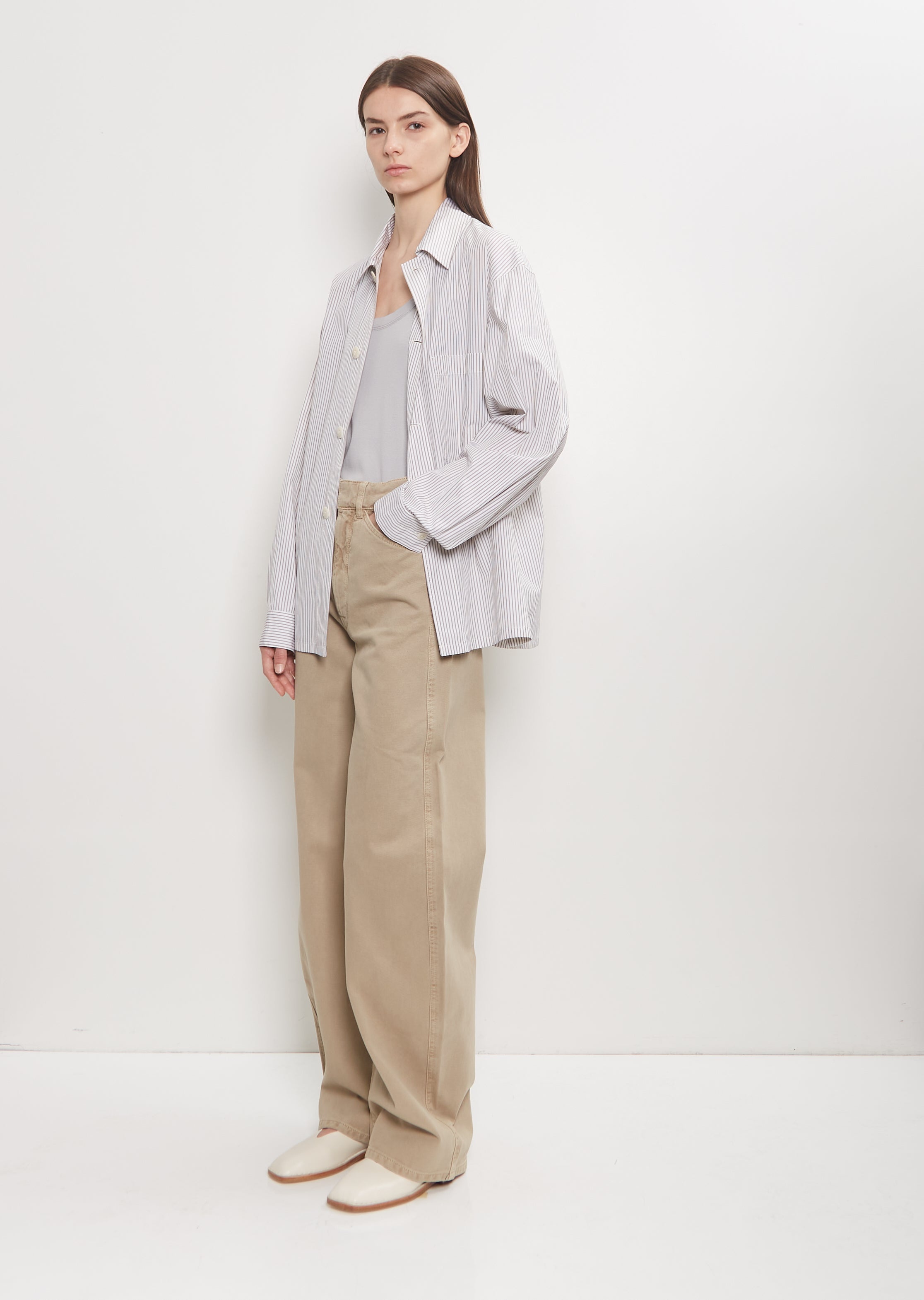 Denim High Waisted Curved Pants — Natural Beige - 2