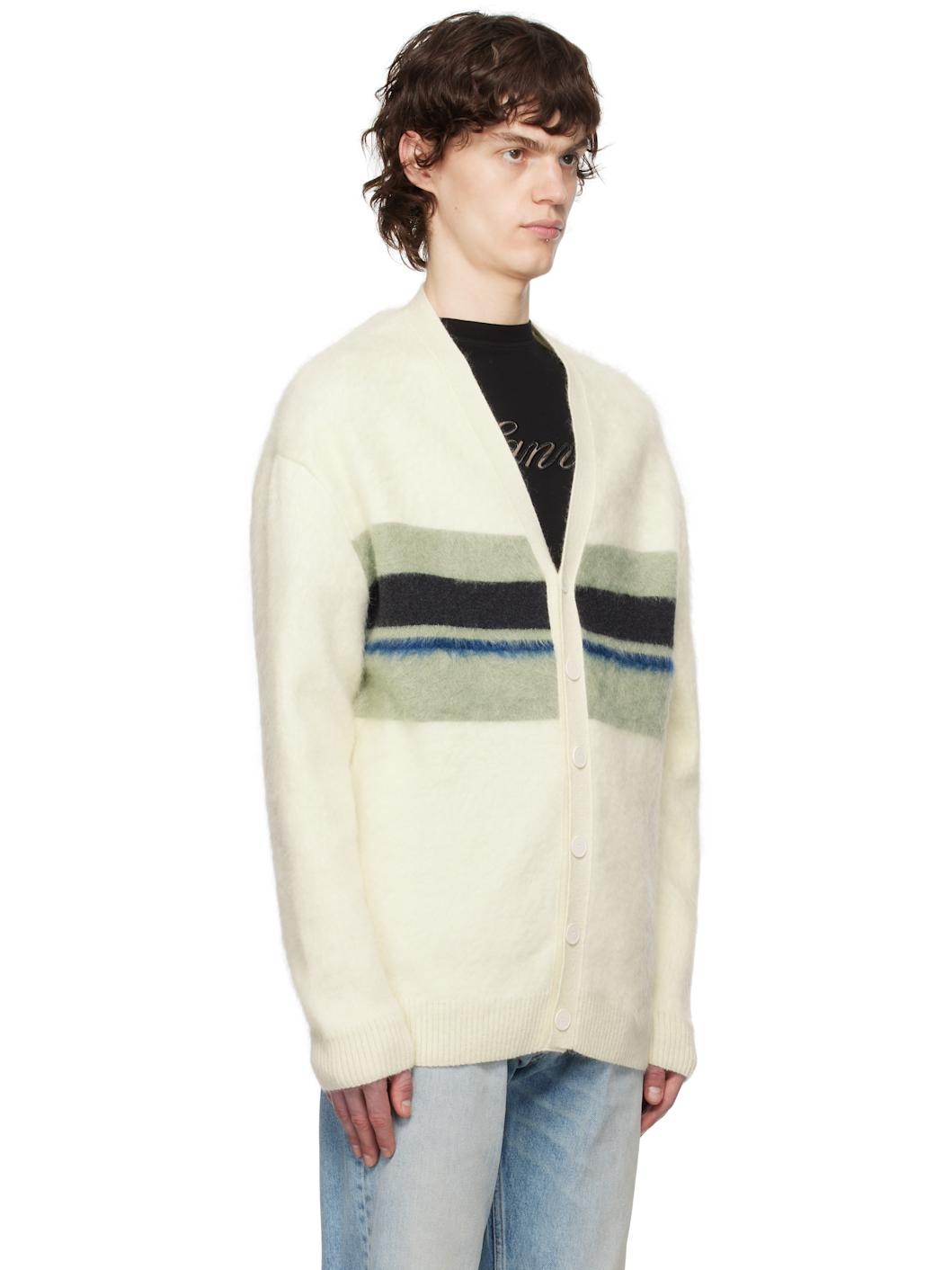 Off-White & Green Striped Brushed Mohair Cardigan - 2
