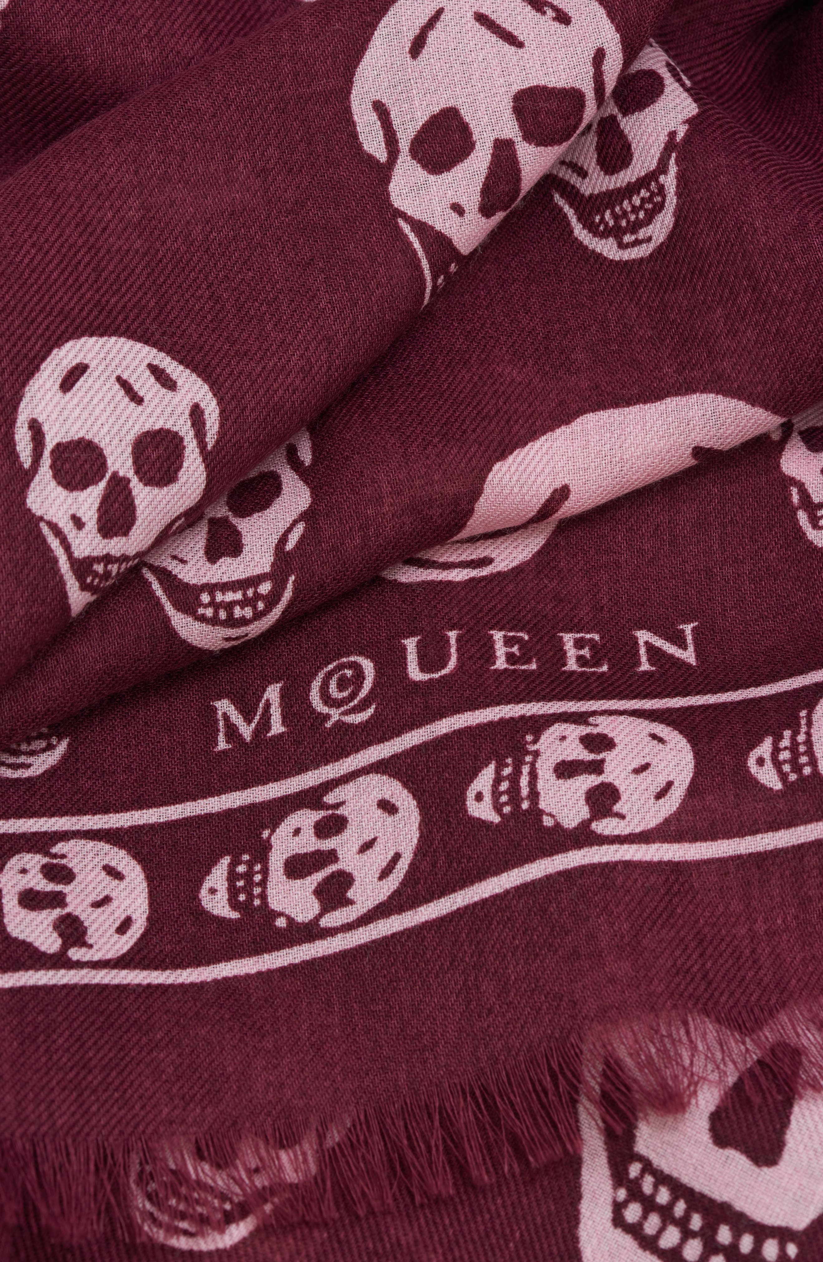 McQueen Skull Print Wool Fringe Scarf in Burgundy/Pink at Nordstrom - 4