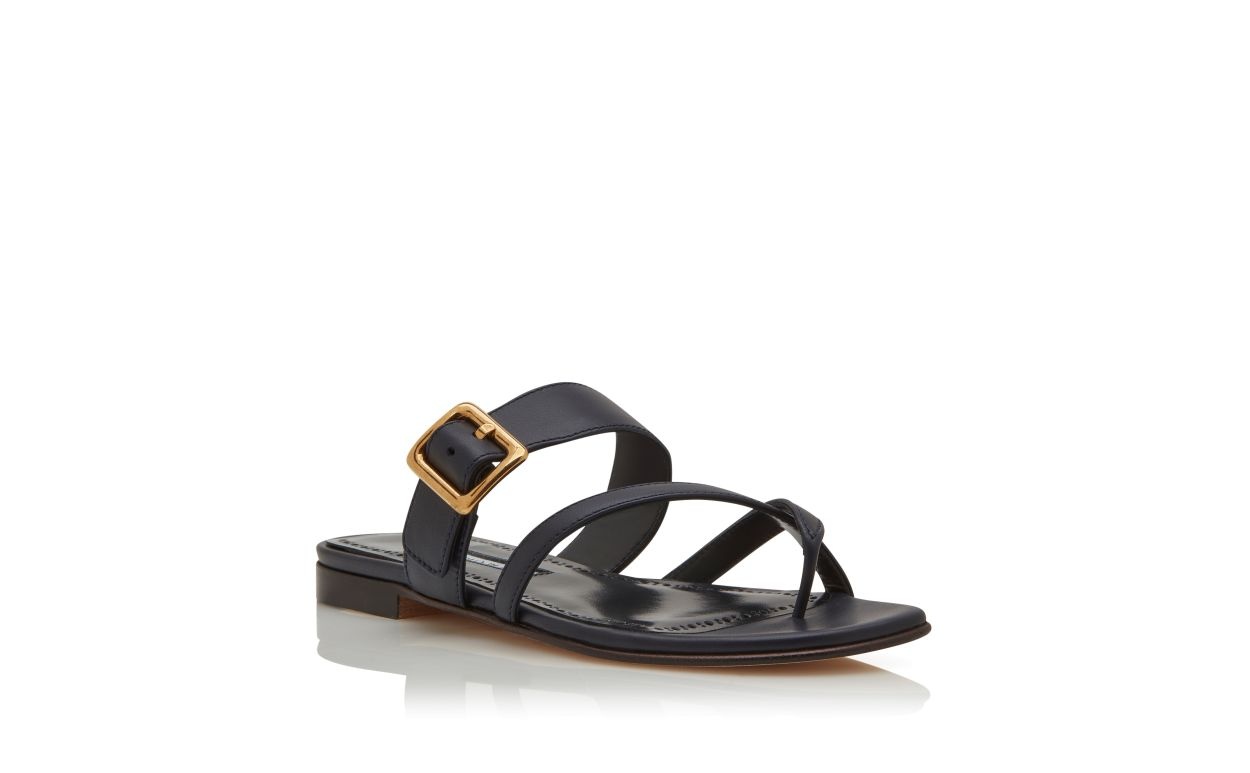 Navy Blue Nappa Leather Flat Sandals - 3