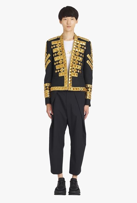 Black wool spencer jacket with gold-tone studded embroidery - 4