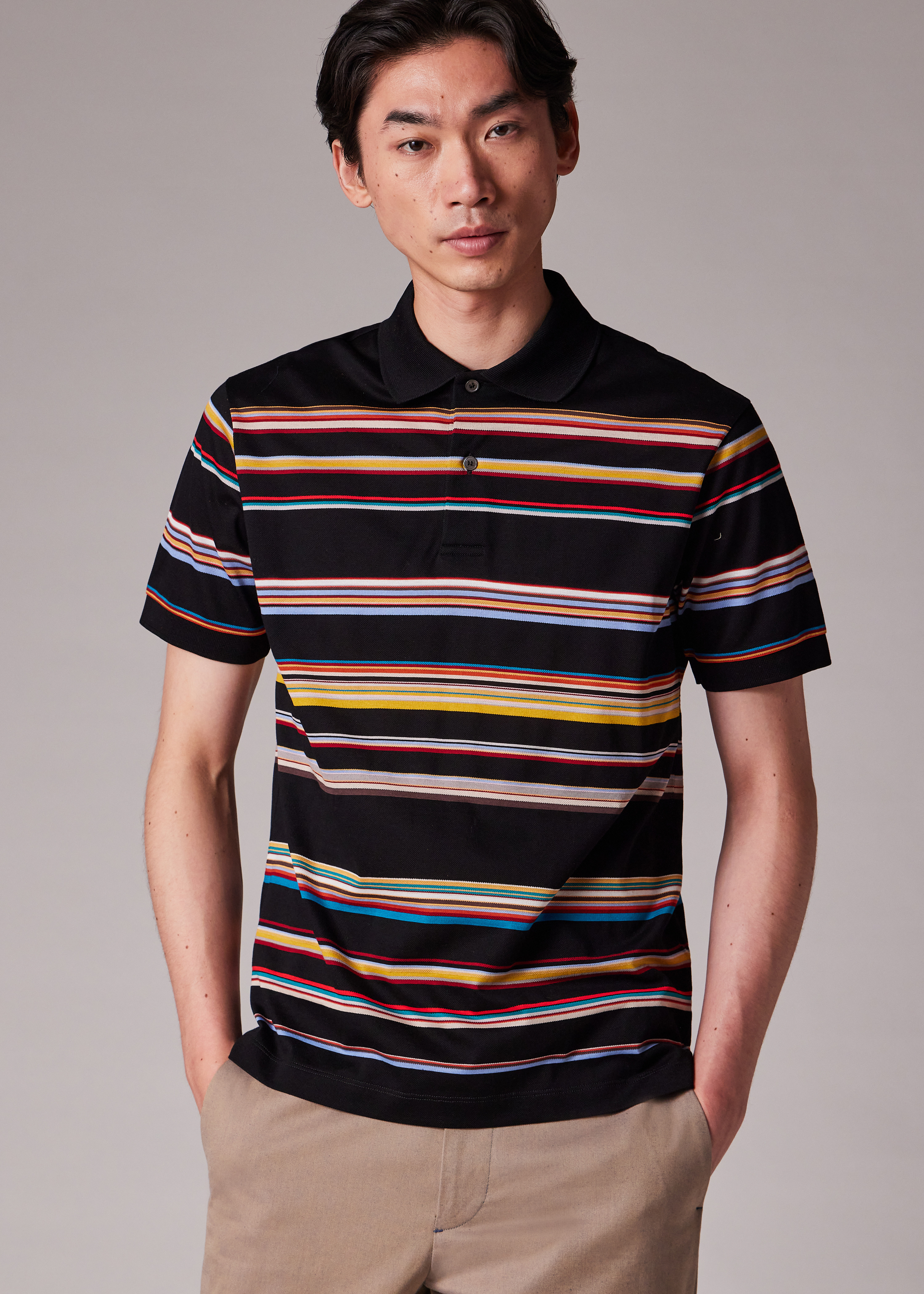 Black 'Signature Stripe' Cotton-Piqué Polo Shirt - 5