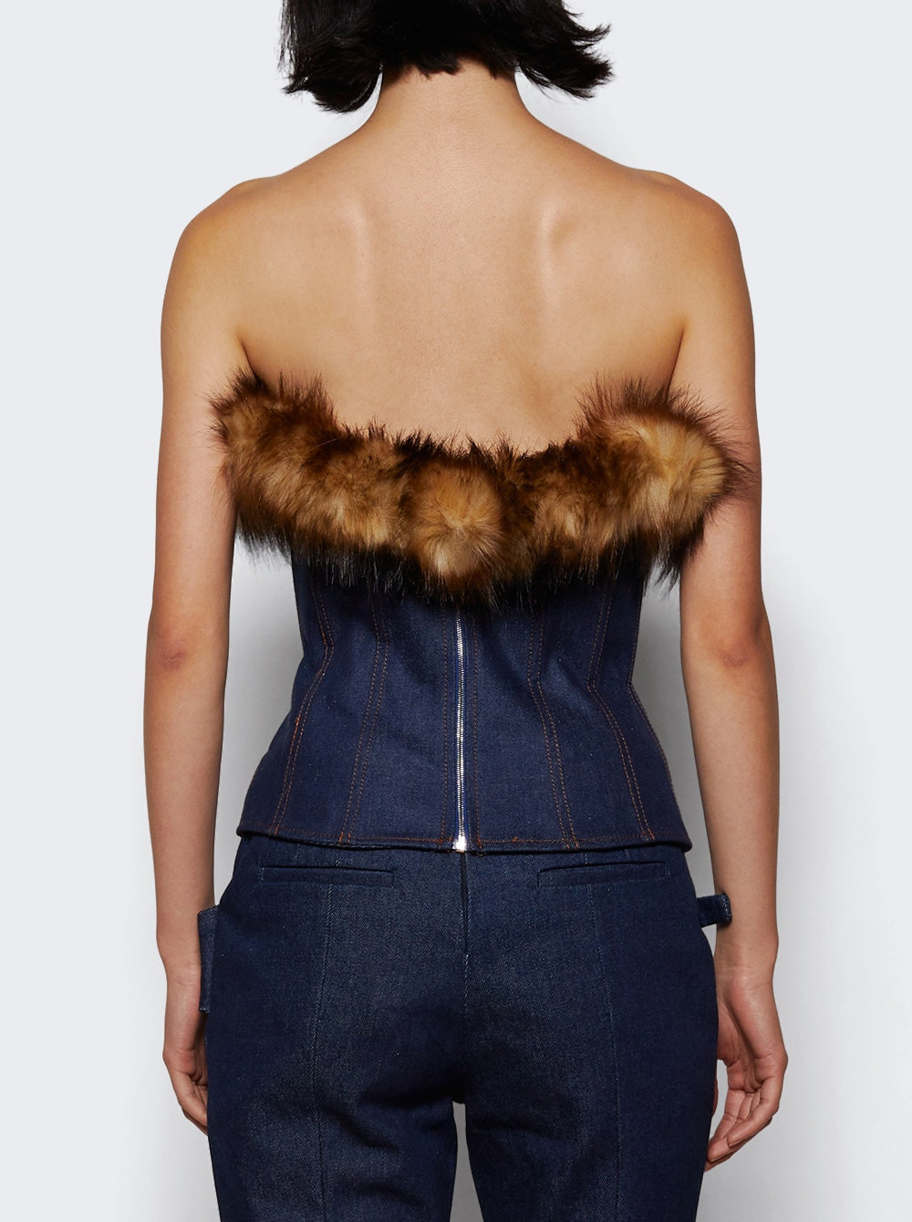 Detachable Faux-fur Trim Corset Top Indigo And Brown - 4