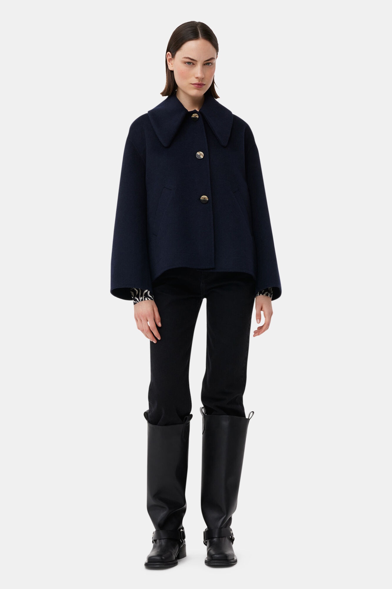 BLUE WOOL WIDE COLLAR JACKET - 3