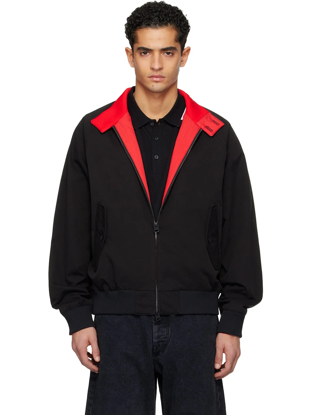 Black Twill Buttoned Stand Collar Bomber Jacket - 1