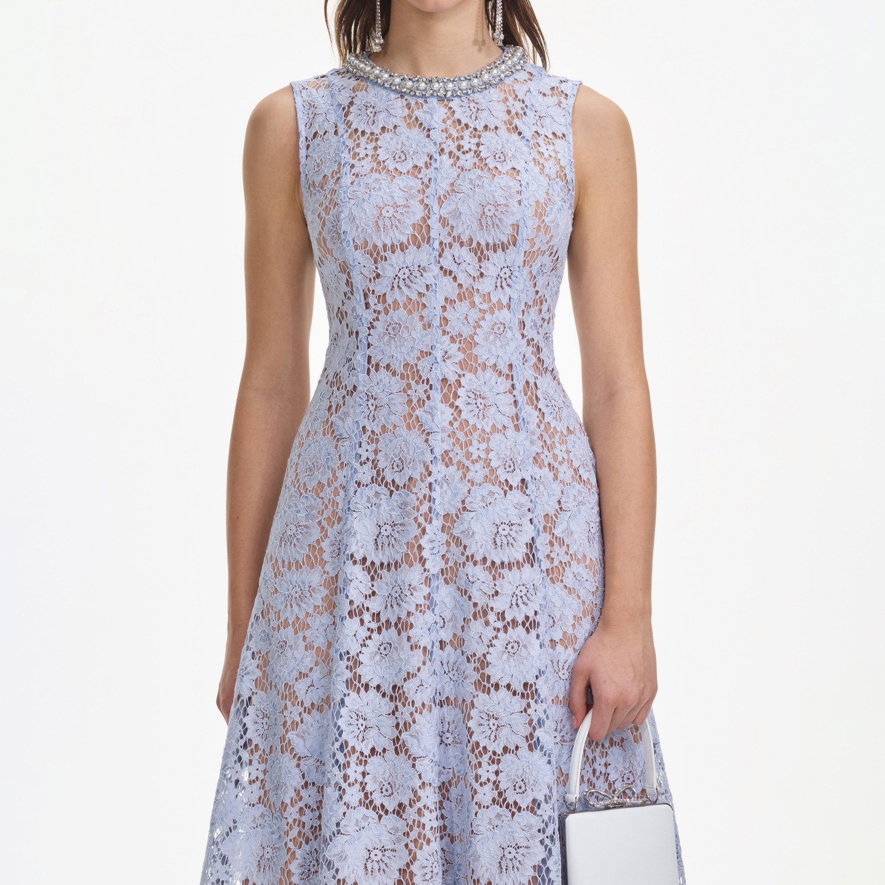 Blue Fine Lace Pearl Midi Dress - 4