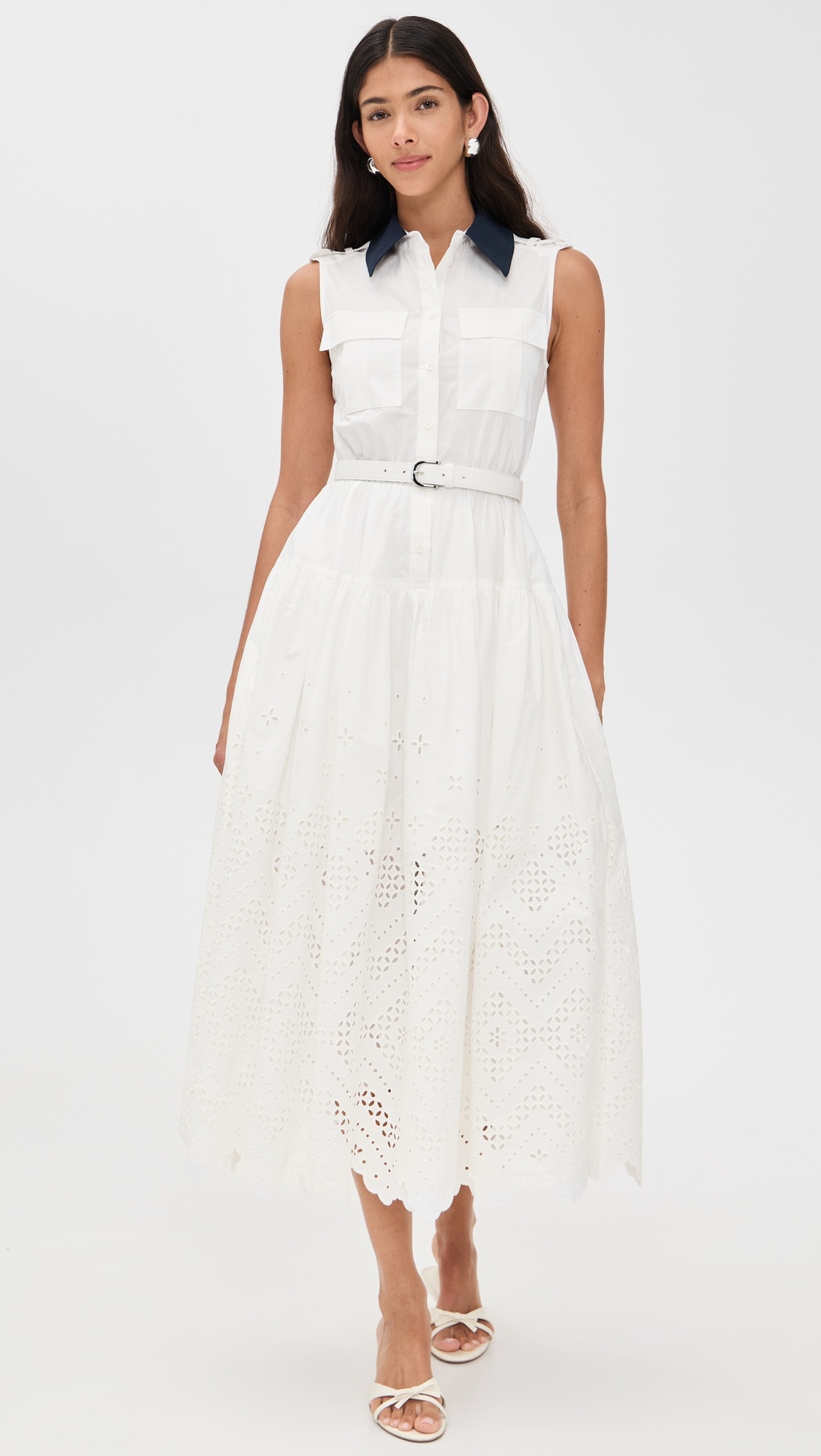 White Contrast Collar Broderie Midi Dress - 1