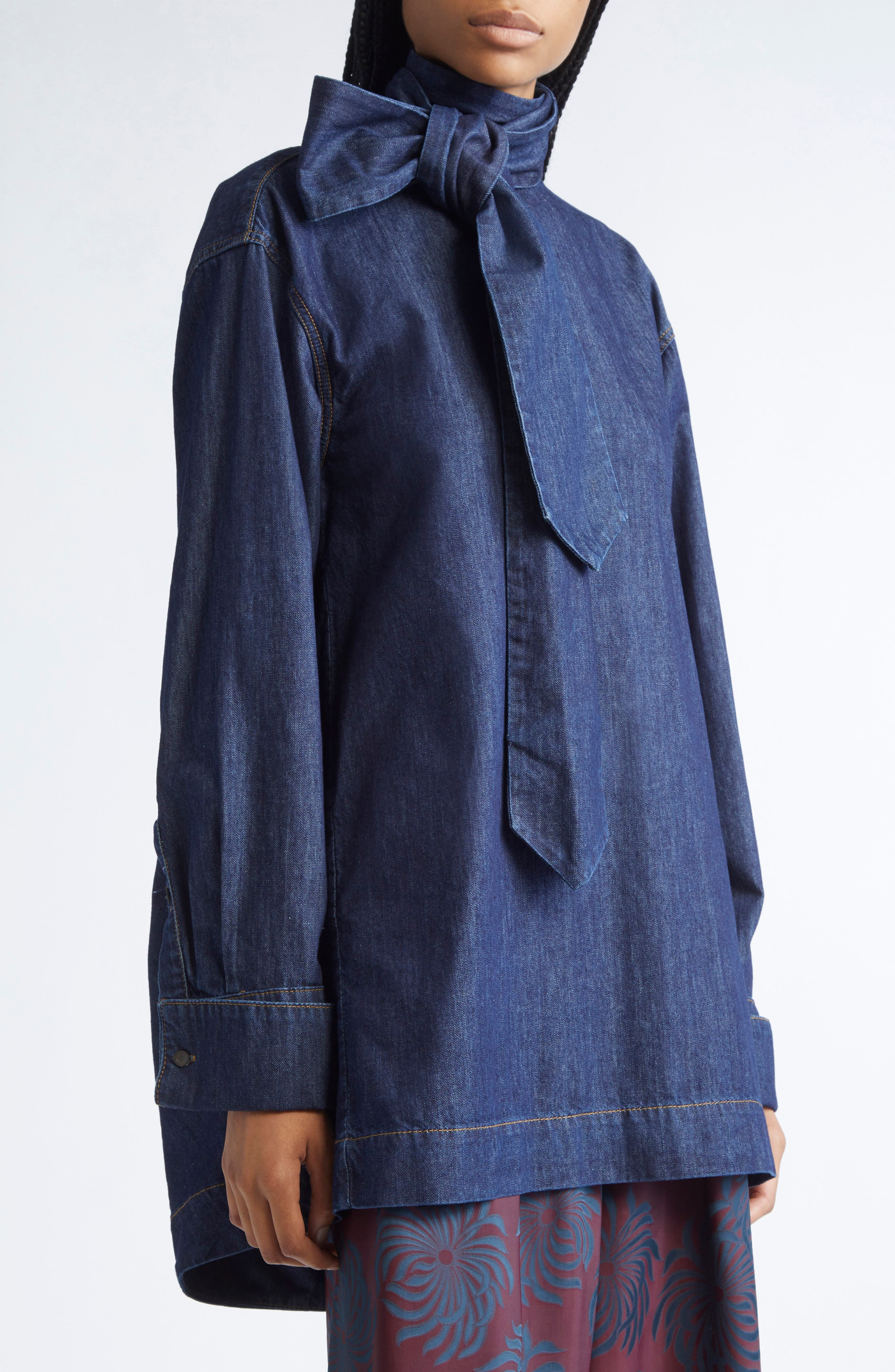 Dries Van Noten Chaddy Pussy Bow Denim Shirt in Indigo at Nordstrom - 5
