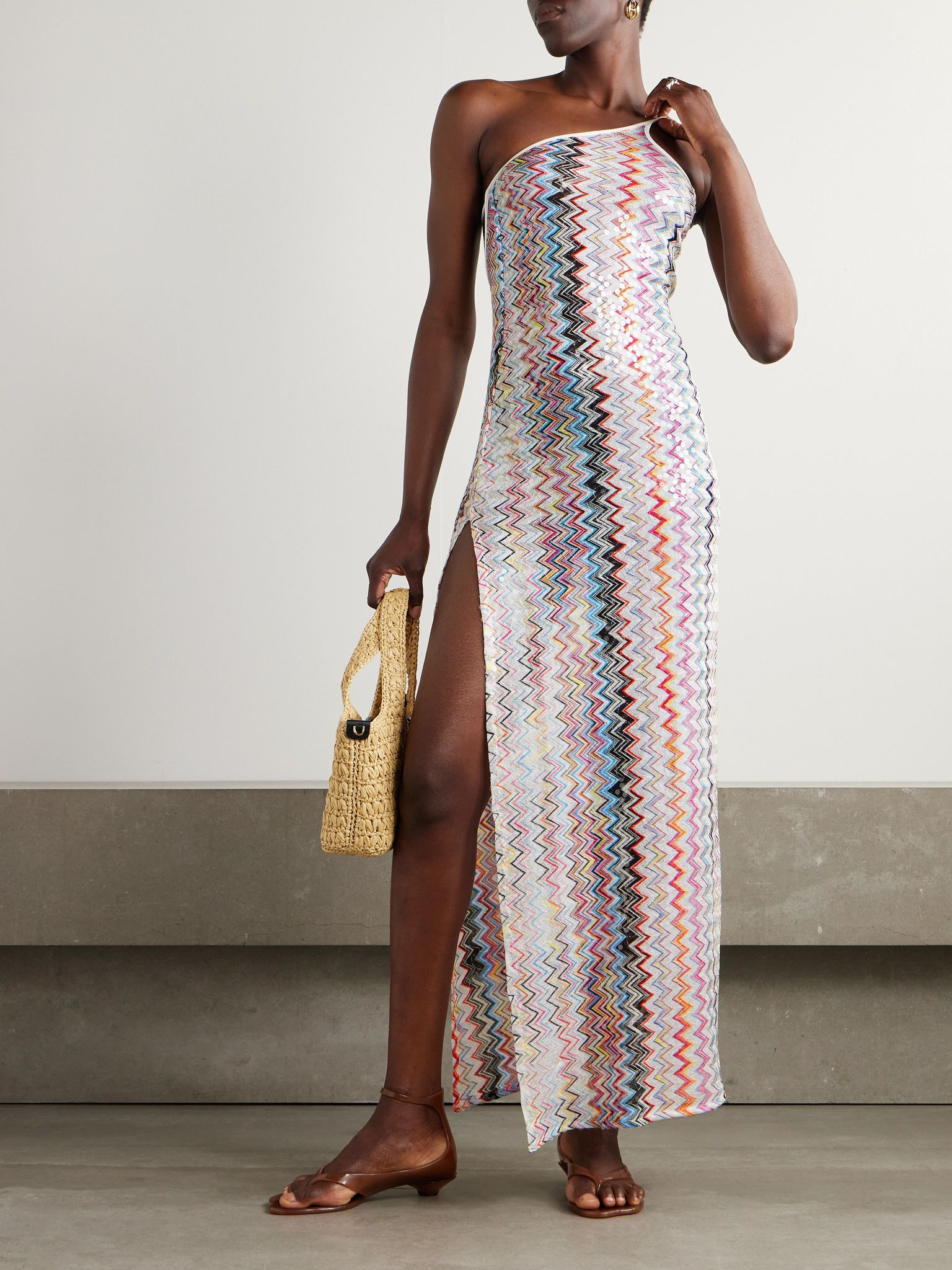 One-shoulder sequin-embellished striped crochet-knit maxi dress Pink - 2