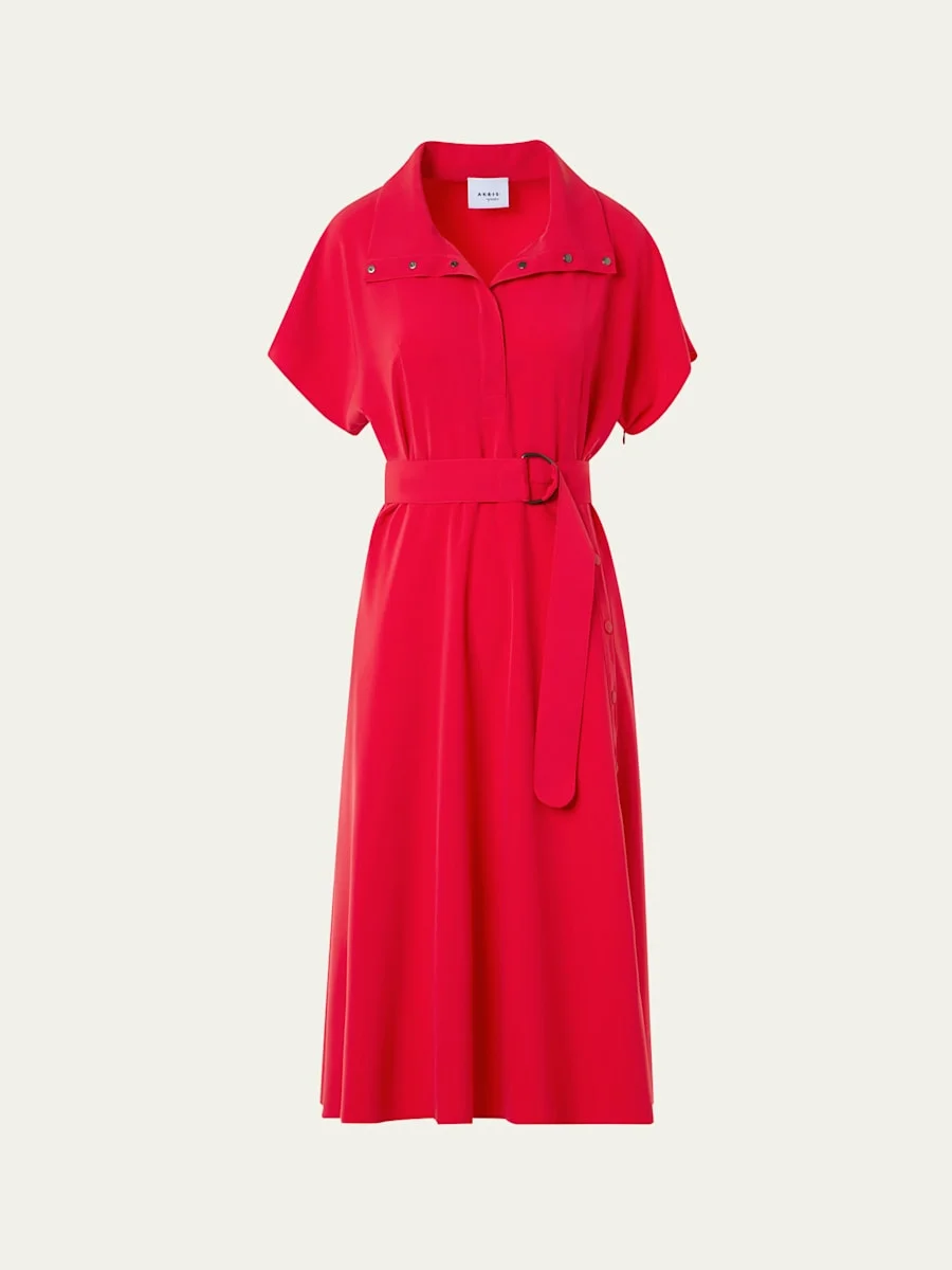 Short-Sleeve Belted Snap-Slit Midi Shirtdress - 1