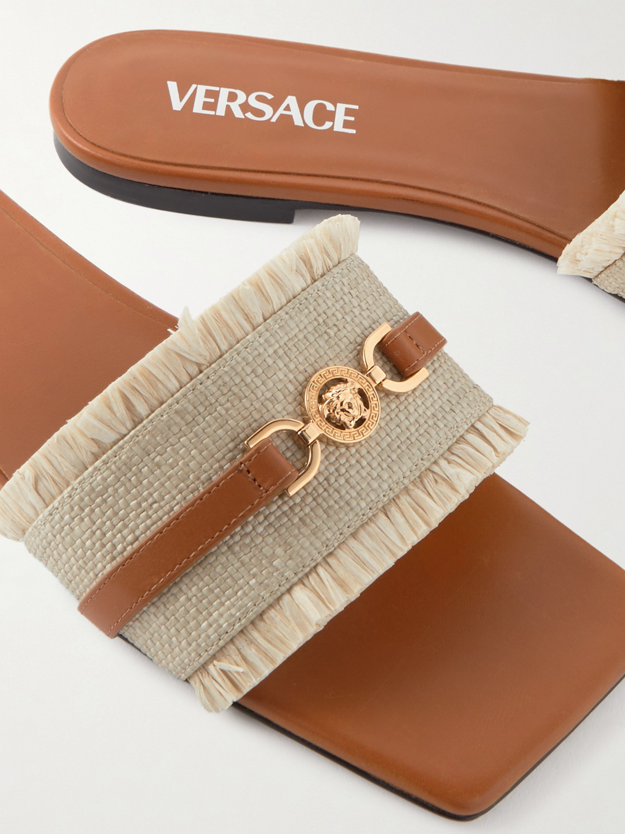 Embellished Leather-trimmed Raffia Mules - 4