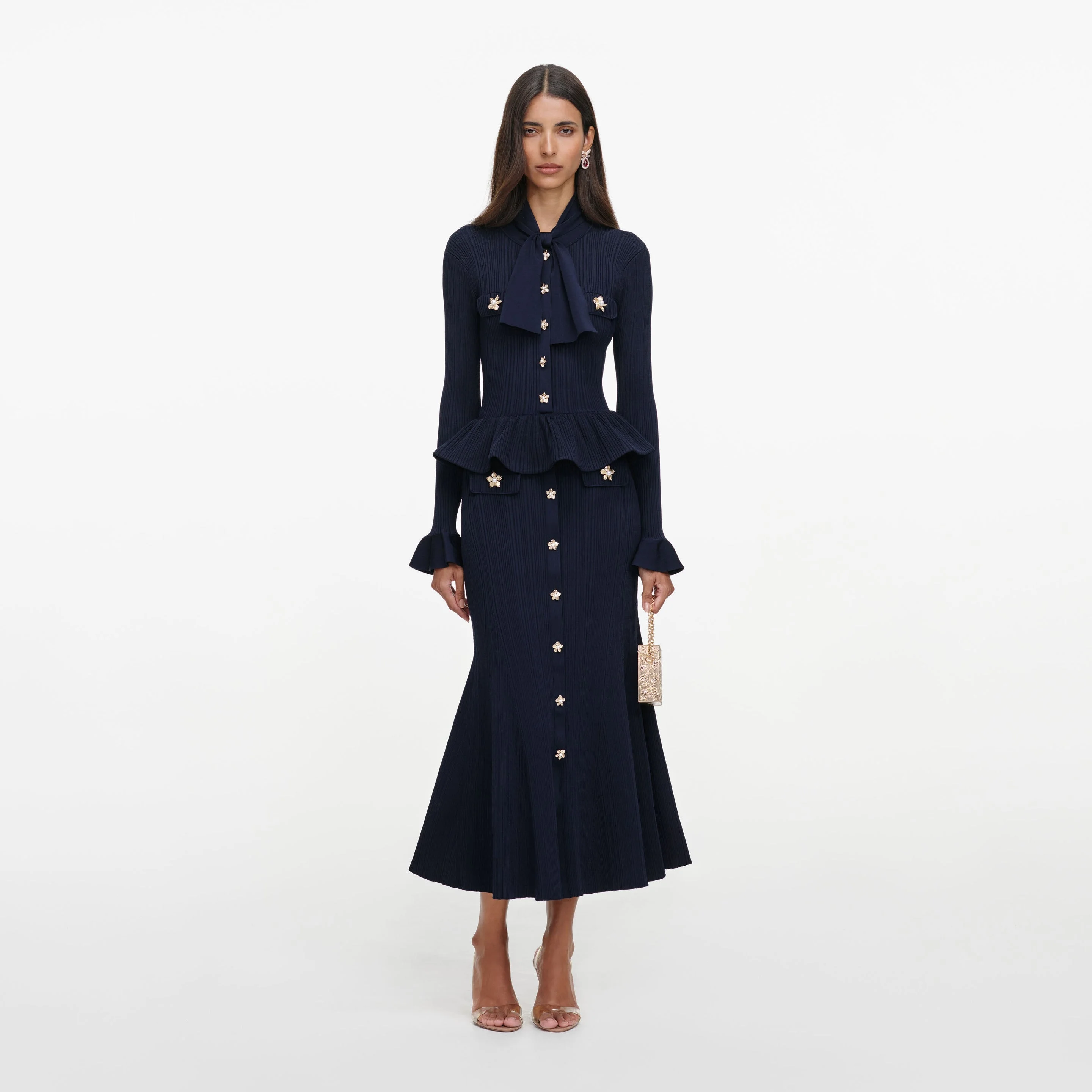 Navy Peplum Knit Midi Dress - 1