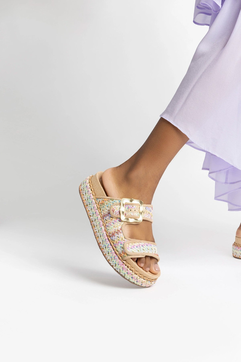 Larroudé Maui Slide In Tapestry Rainbow Raffia and Beige Trimming outlook