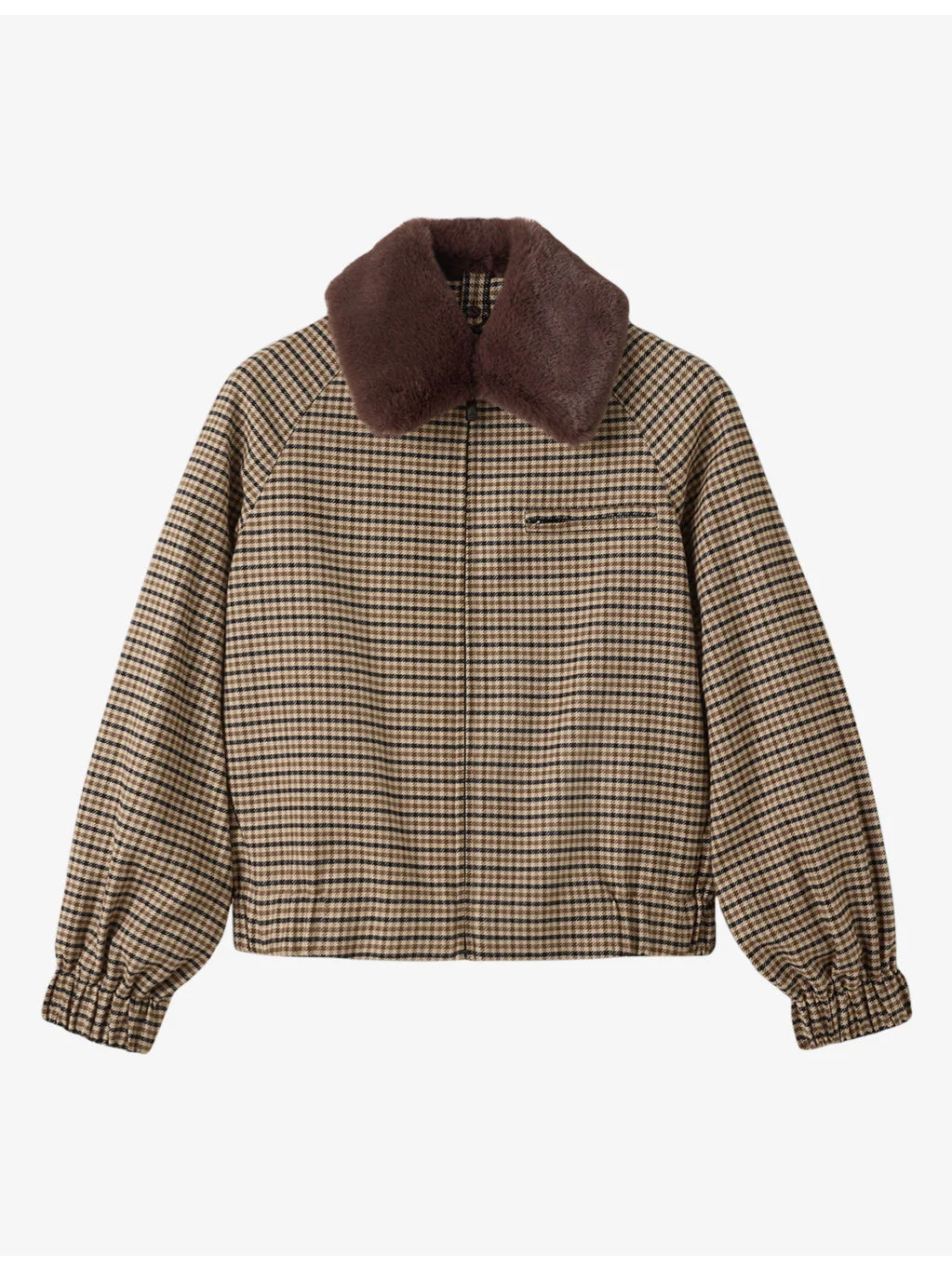 Faux-Fur Collar Check Cotton Bomber Jacket - 1