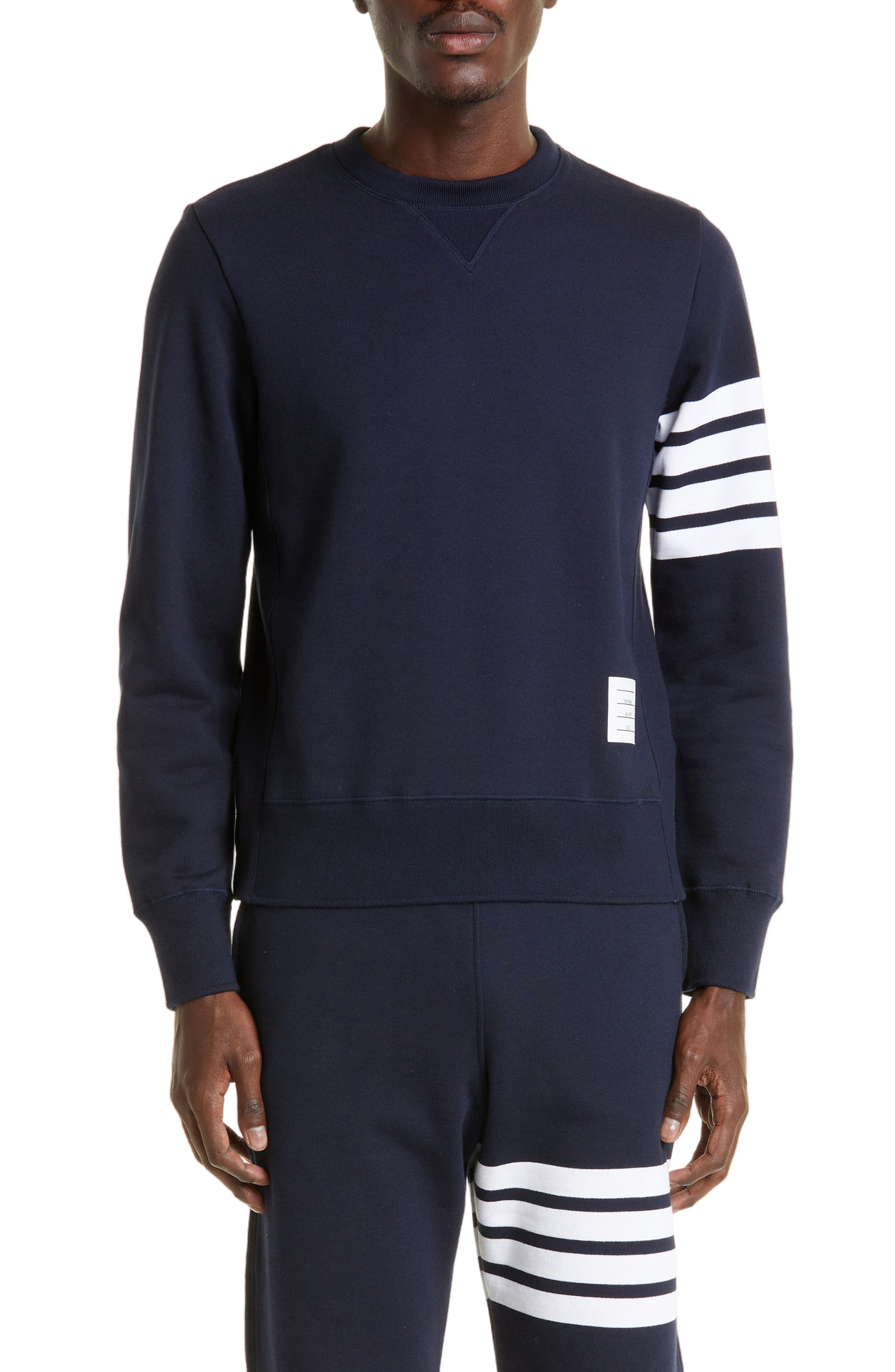 Thom Browne Stripe Sleeve Sweatshirt in Navy/Optic White at Nordstrom - 1