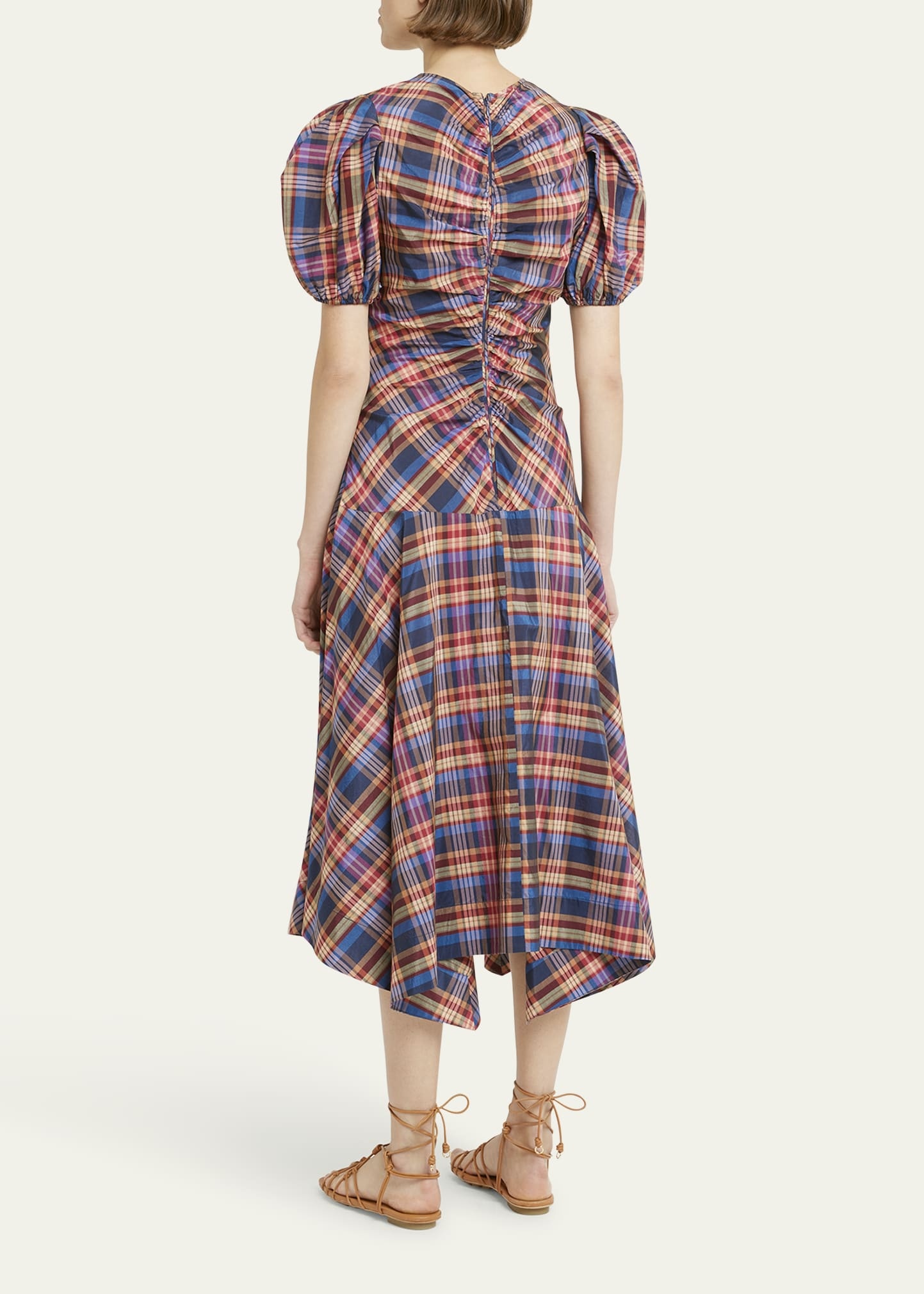 Heleen Puff-Sleeve Silk Cotton Plaid Midi Dress - 3