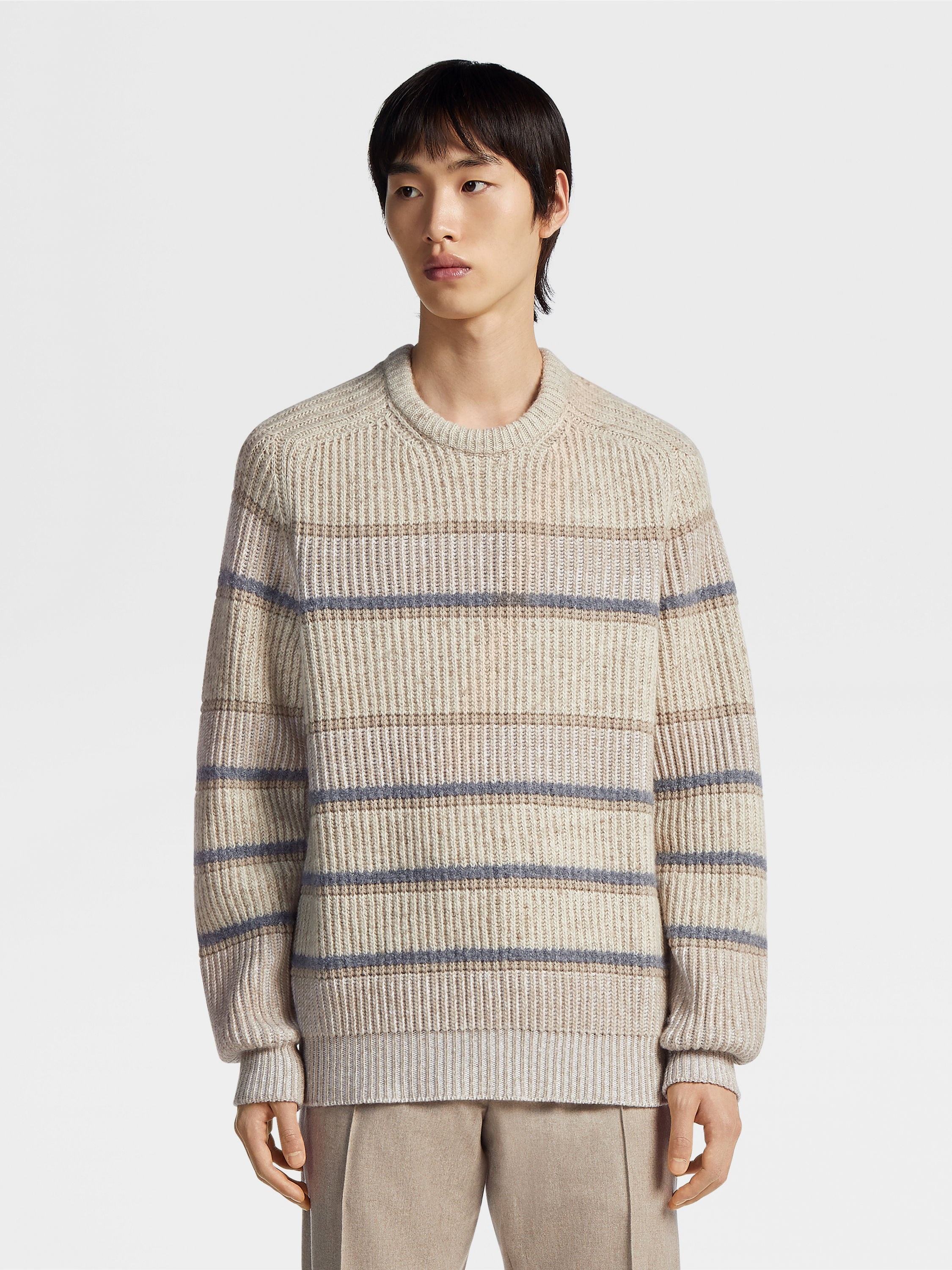 LIGHT TAUPE STRIPED CASHMERE AND SILK CREWNECK - 2