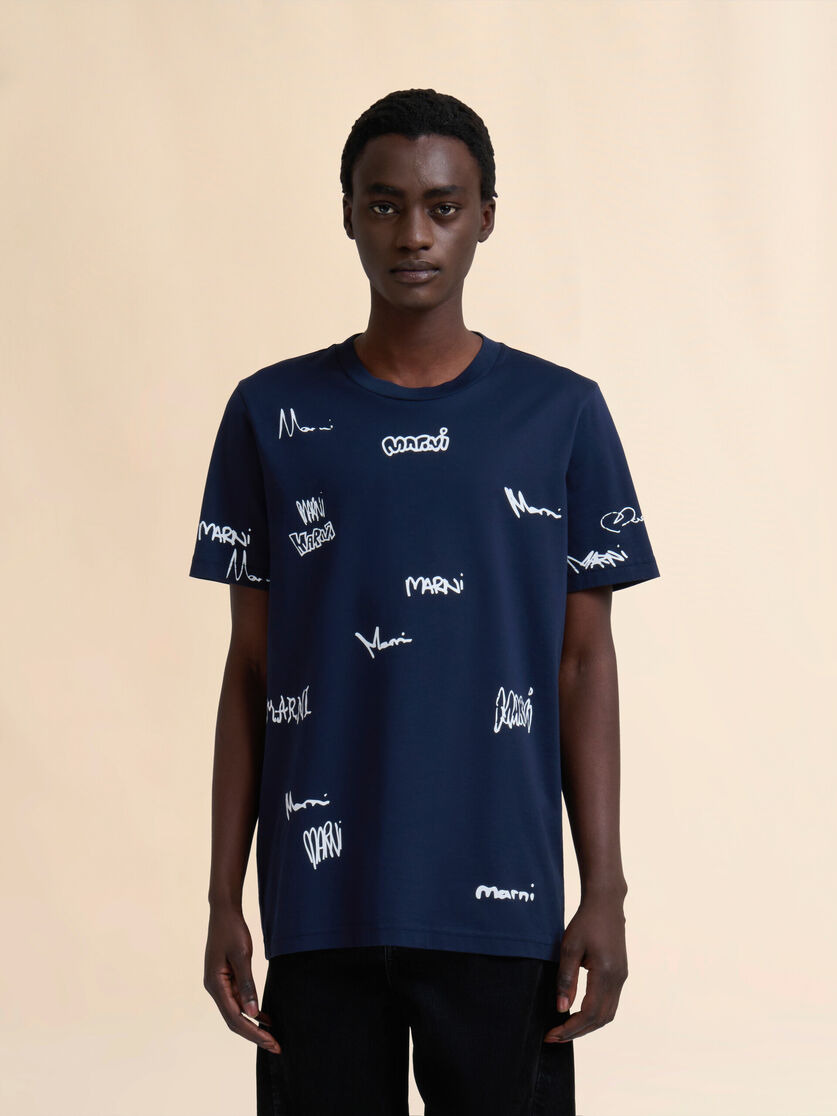 DEEP BLUE COTTON T-SHIRT WITH MULTIGRAM MARNI PRINT - 2