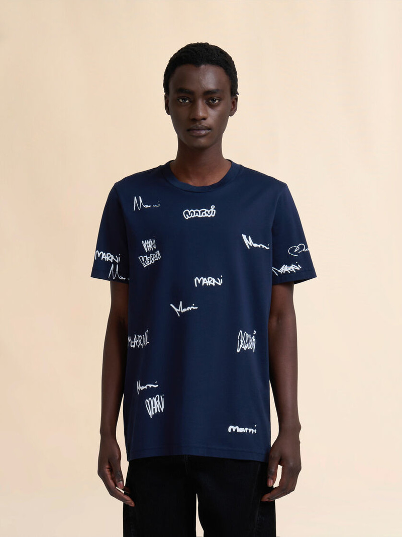 Marni DEEP BLUE COTTON T-SHIRT WITH MULTIGRAM MARNI PRINT outlook