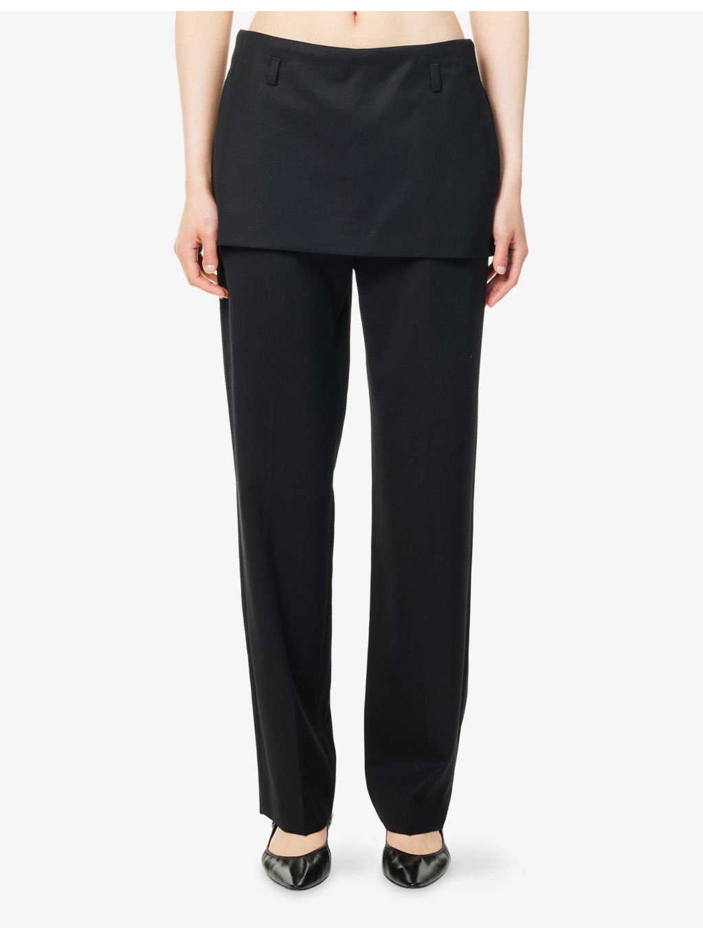 Skirt-Embellishment Straight-Leg Wool Trousers - 3