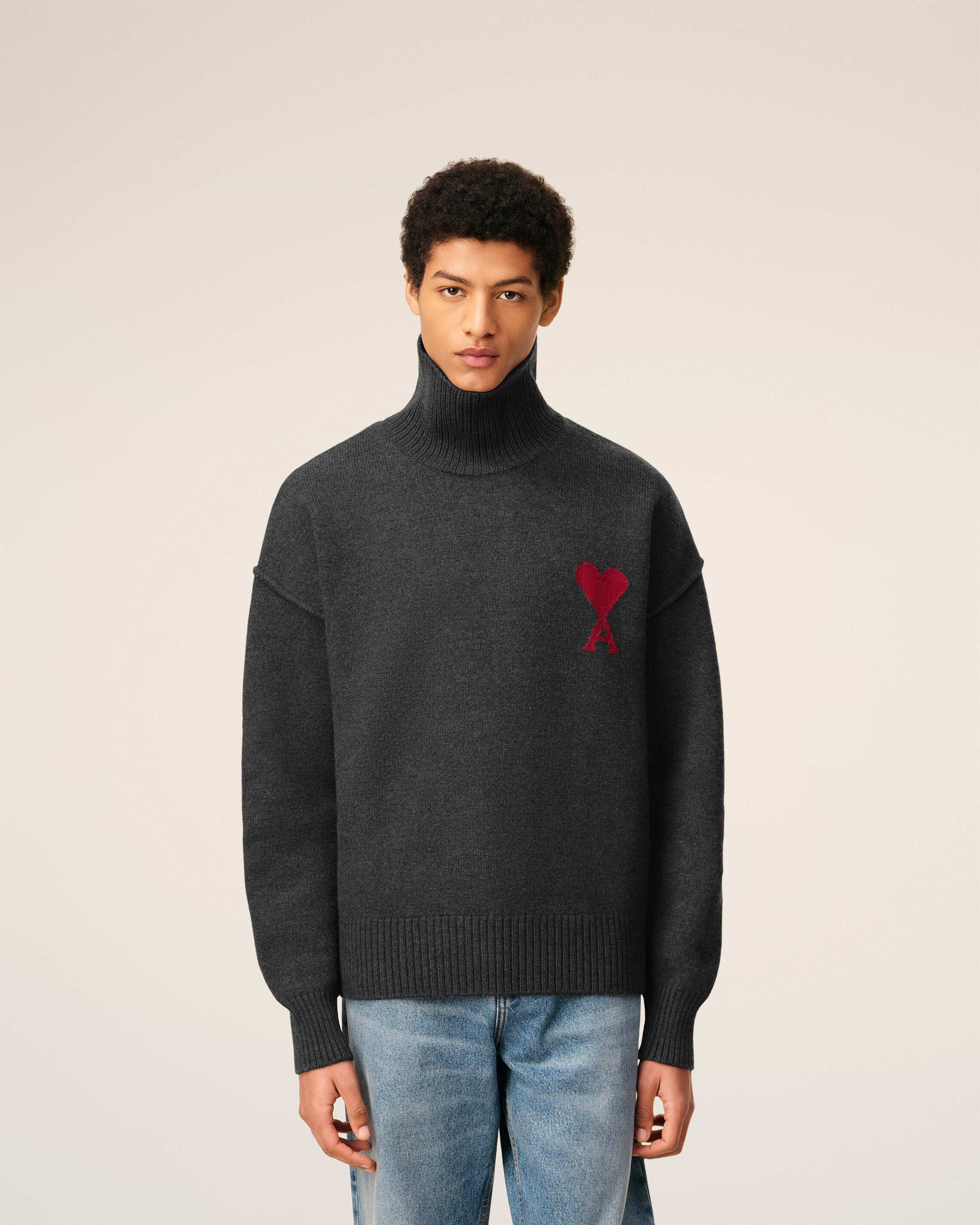 GREY WOOL AMI DE COEUR FUNNEL NECK SWEATER - 3