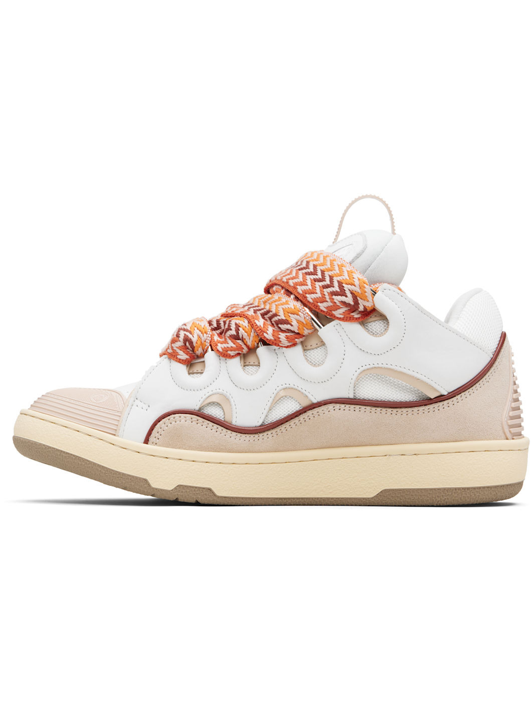 White & Beige Curb Leather Sneakers - 3